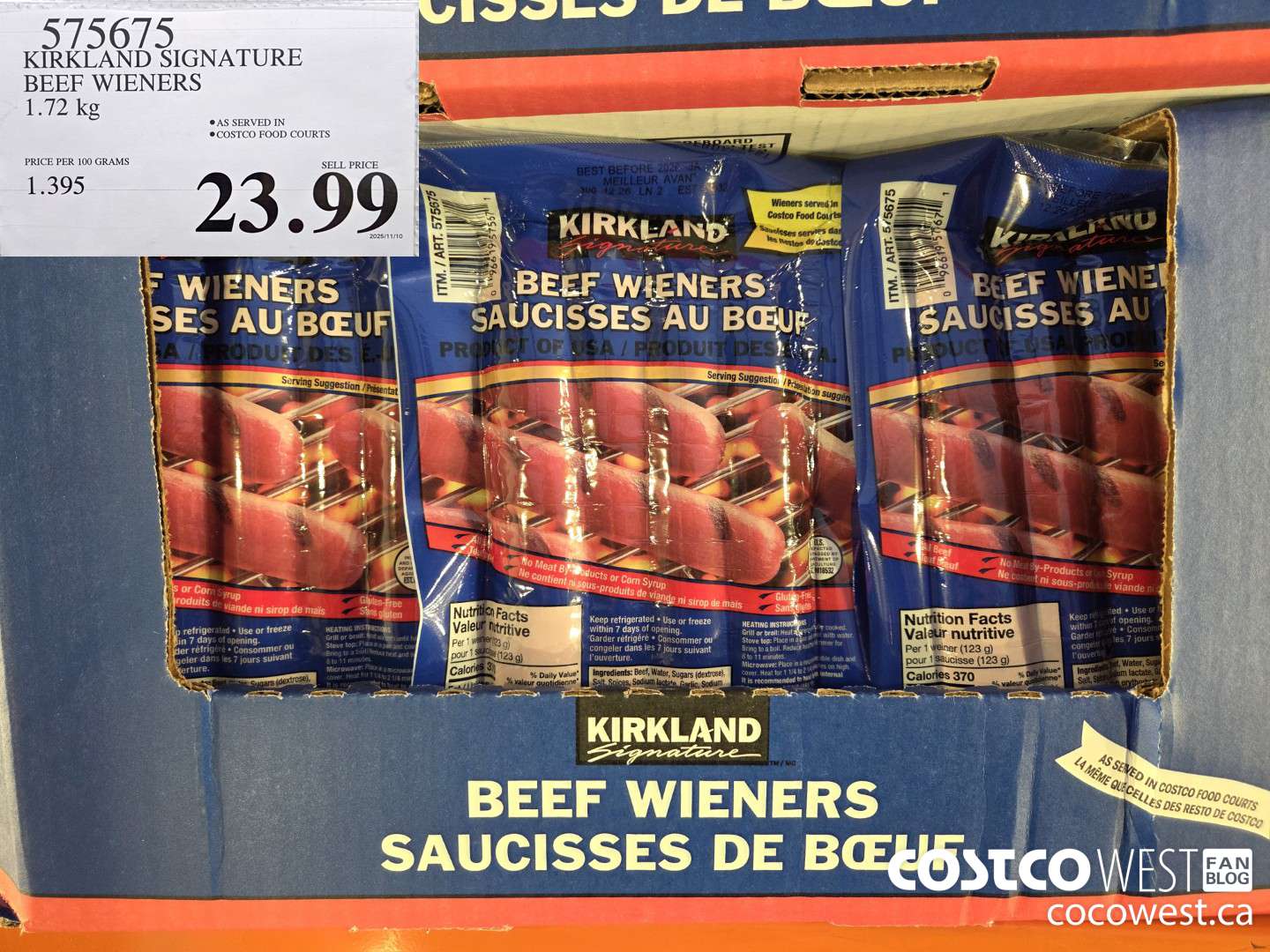 575675 KIRKLAND SIGNATURE BEEF WIENERS 1.72 kg $23.99
