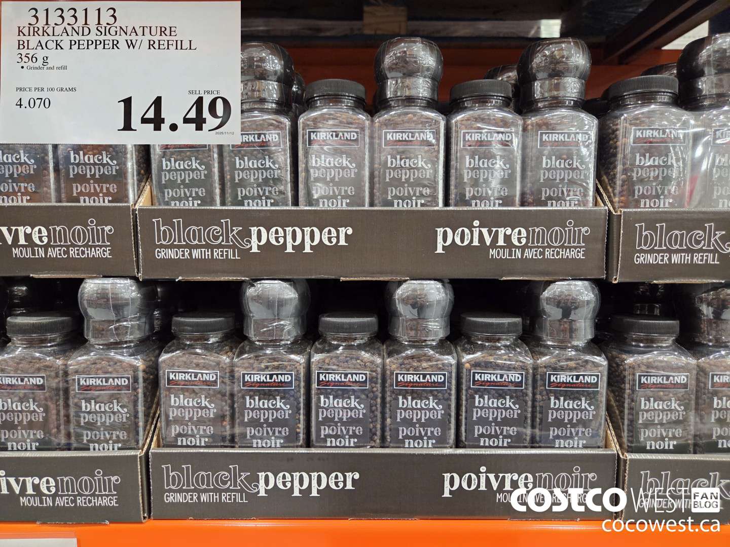 3133113 KIRKLAND SIGNATURE BLACK PEPPER W/ REFILL 356 g $14.49