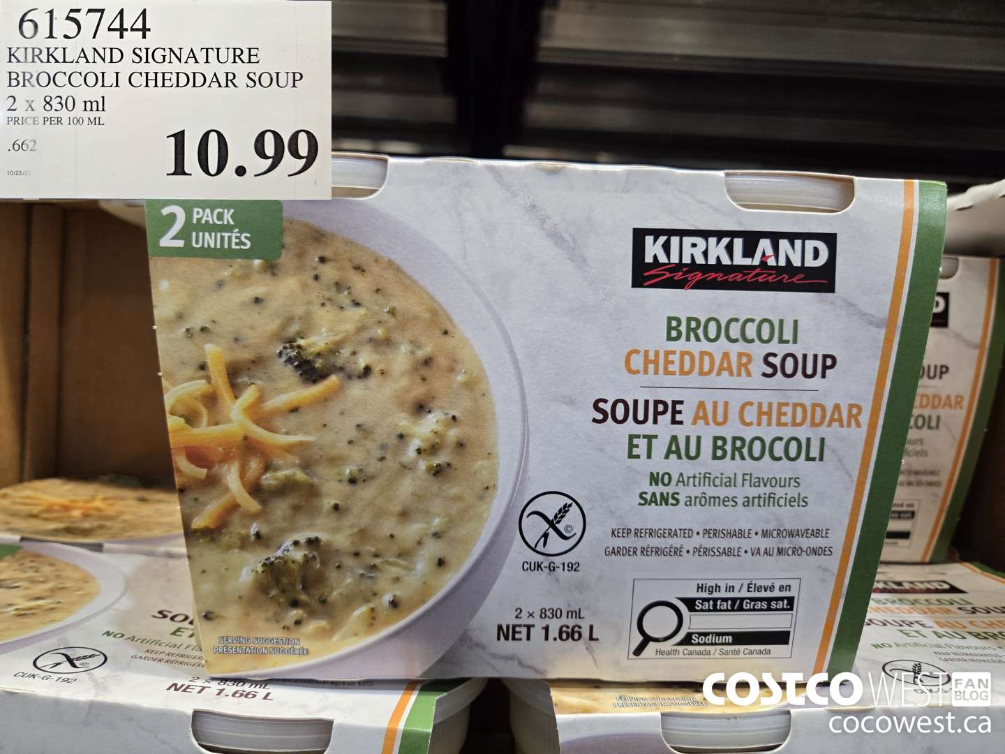 615744 KIRKLAND SIGNATURE BROCCOLI CHEDDAR SOUP 2 X 830ML $10.99