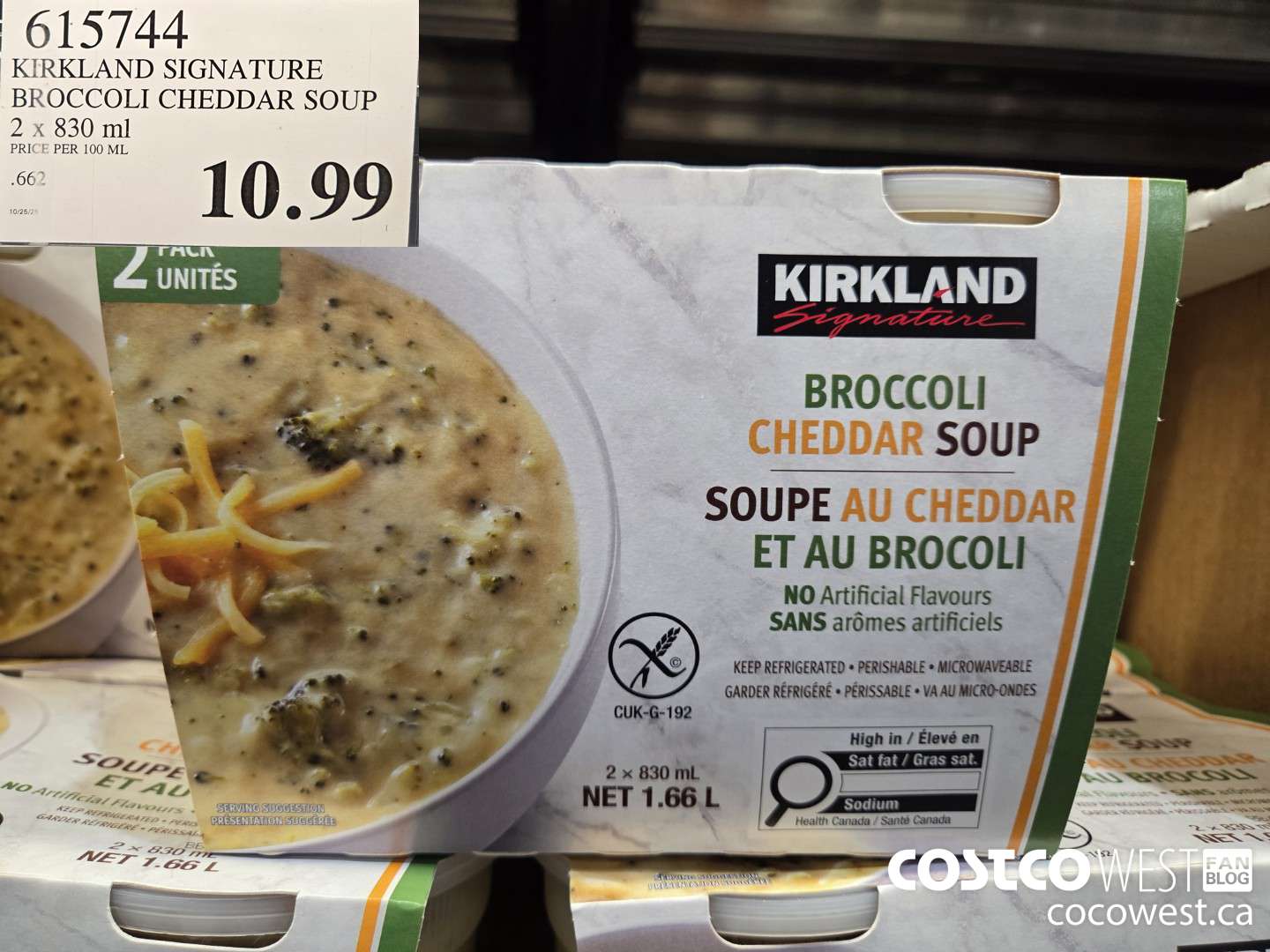 615744 KIRKLAND SIGNATURE BROCCOLI CHEDDAR SOUP 2 X 830ML $10.99