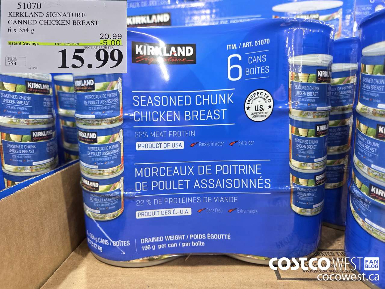 51070 KIRKLAND SIGNATURE CANNED CHICKEN BREAST 6 X 354G ($5.00 INSTANT SAVINGS EXPIRES ON 2025-11-09) $15.99