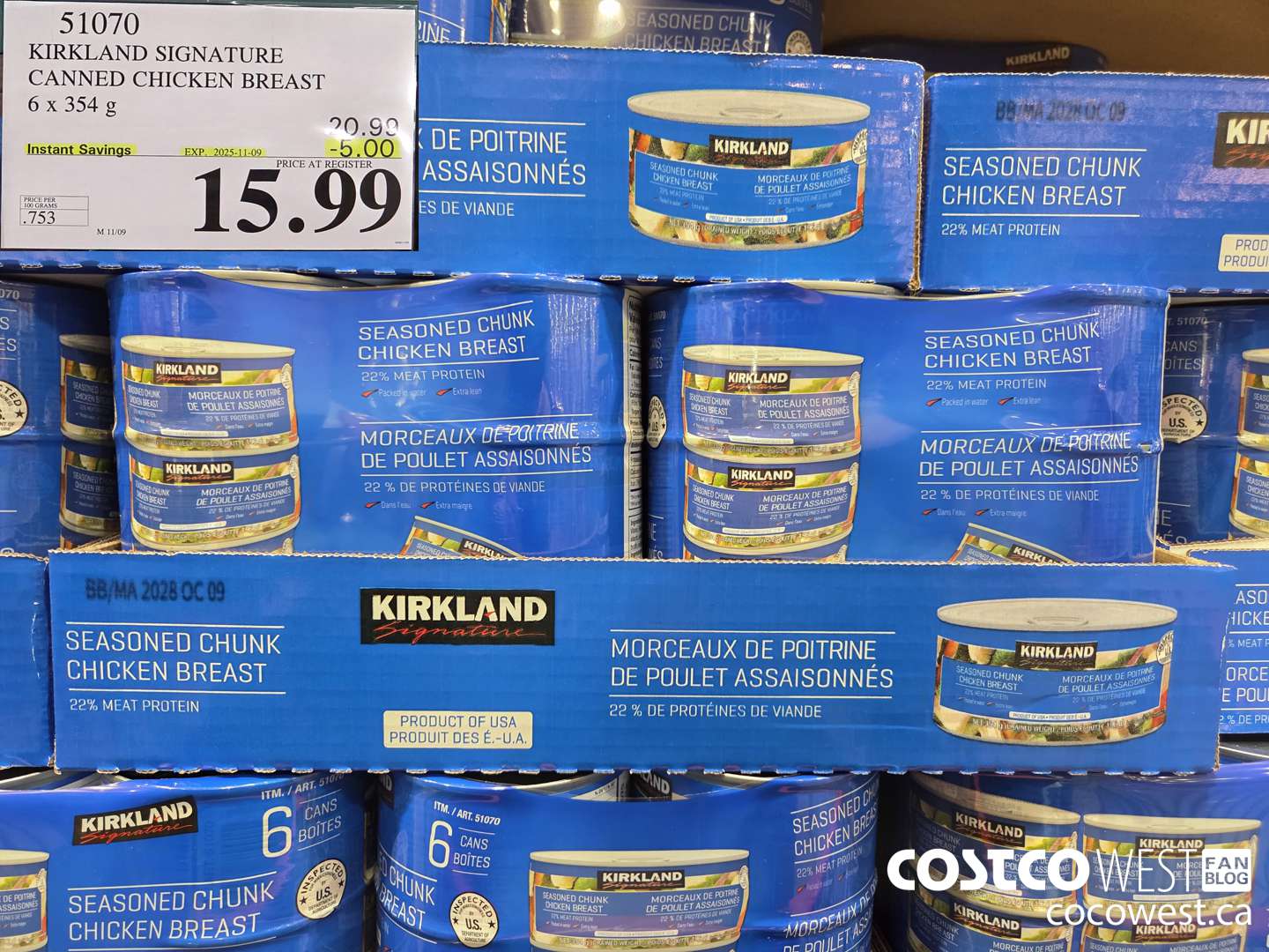 51070 KIRKLAND SIGNATURE CANNED CHICKEN BREAST 6 X 354G ($5.00 INSTANT SAVINGS EXPIRES ON 2025-11-09) $15.99