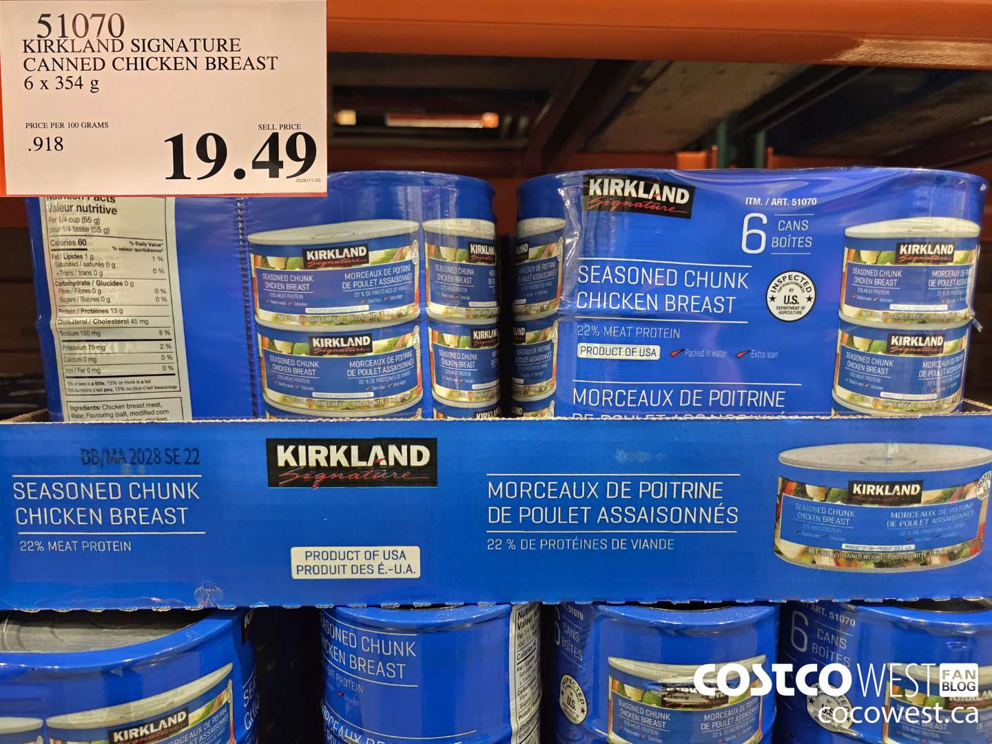 51070 KIRKLAND SIGNATURE CANNED CHICKEN BREAST 6 x 354 g $19.49