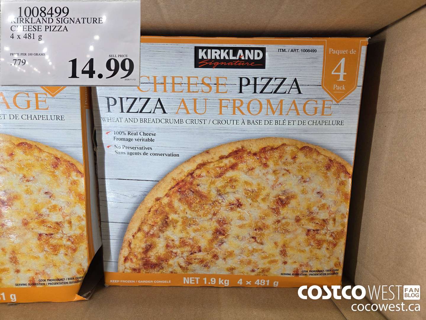 1008499 KIRKLAND SIGNATURE CHEESE PIZZA 4 x 481 g $14.99