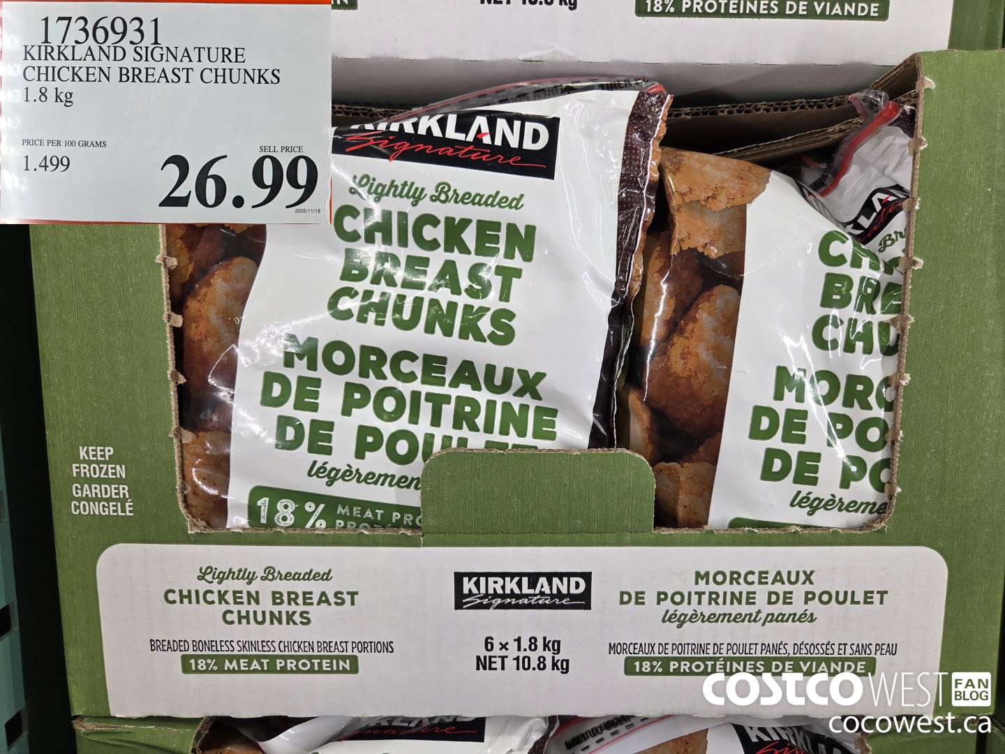 1736931 KIRKLAND SIGNATURE CHICKEN BREAST CHUNKS 1.8 kg $26.99