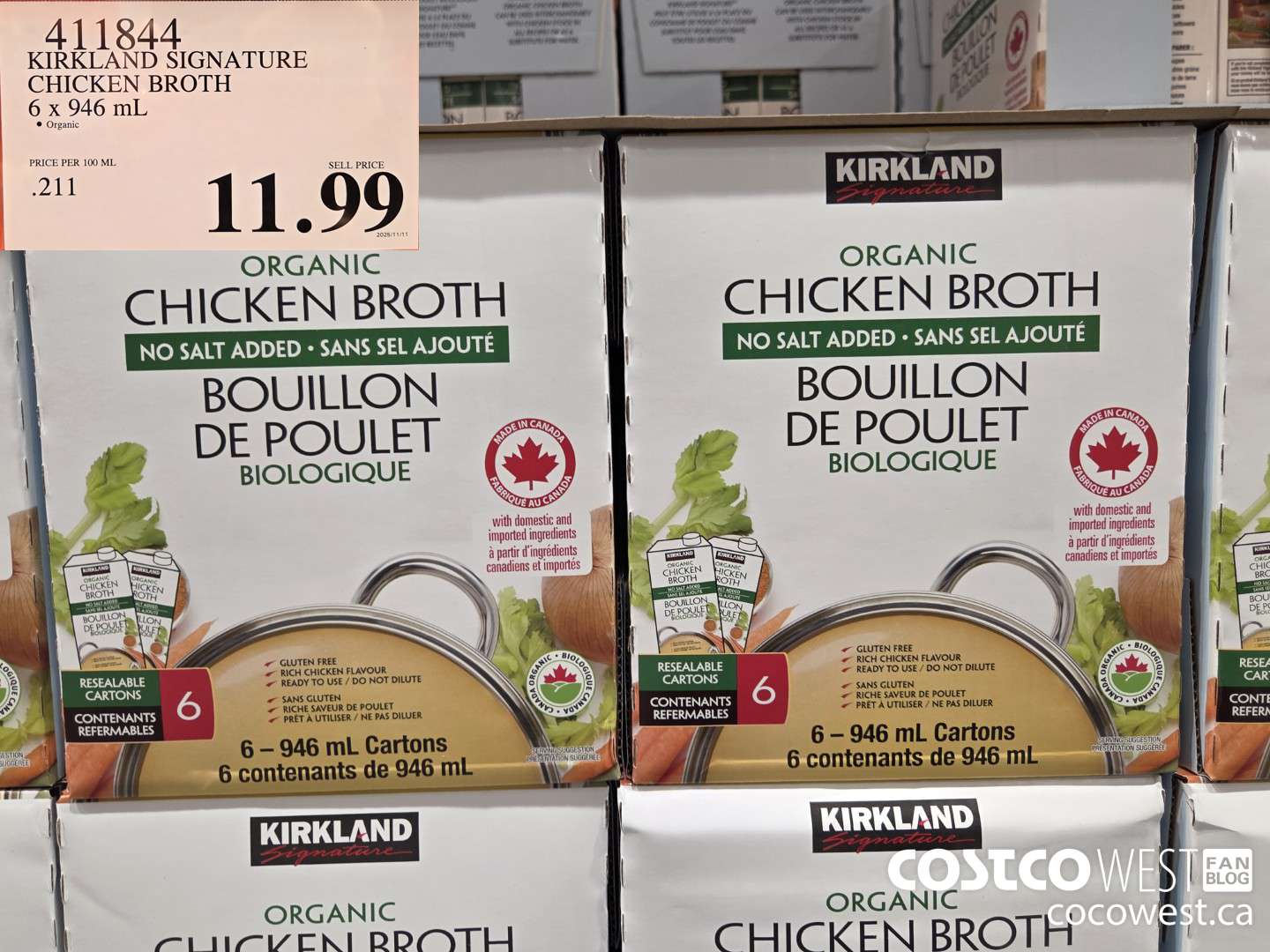 411844 KIRKLAND SIGNATURE CHICKEN BROTH 6 x 946 mL $11.99