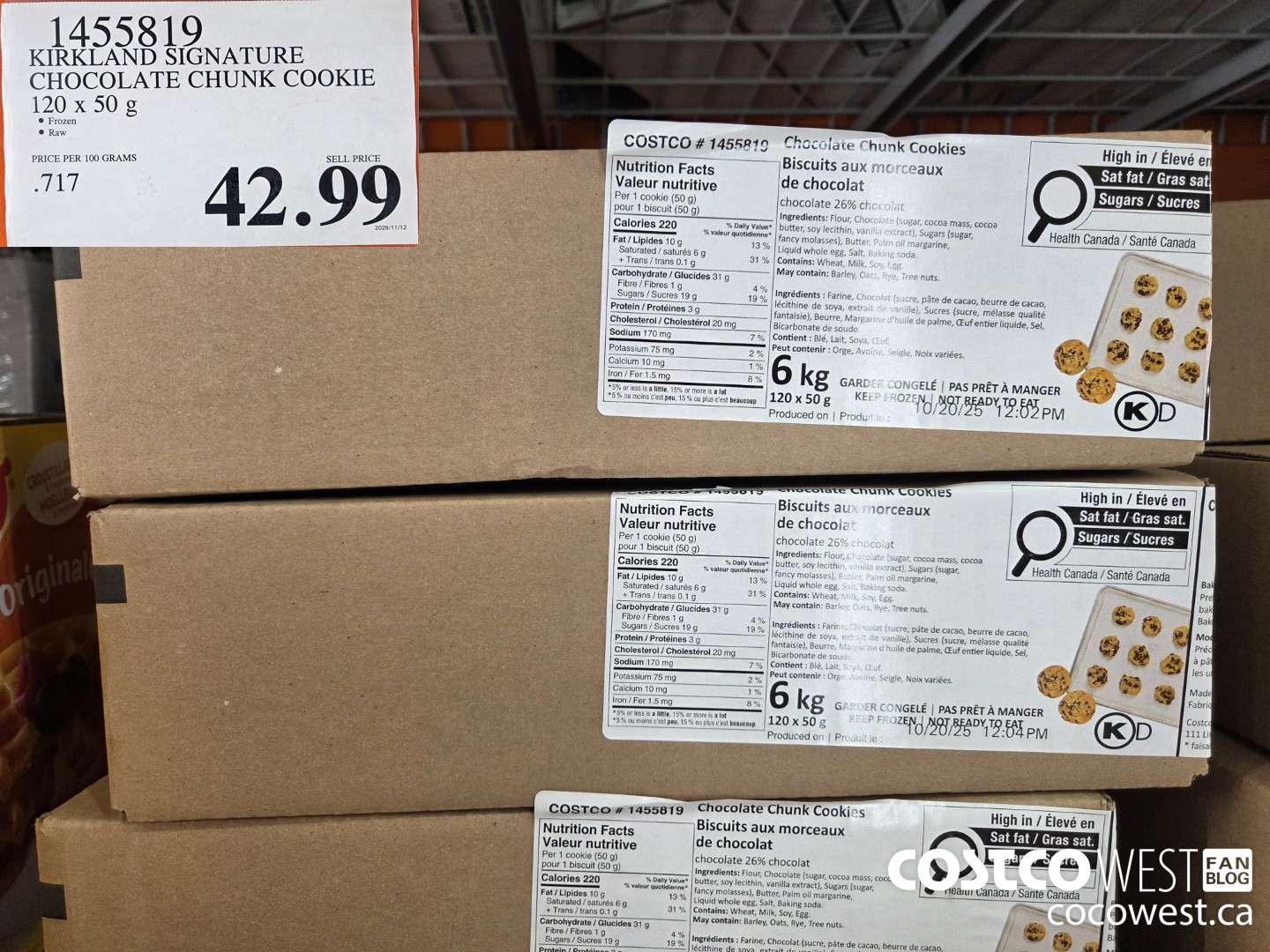 1455819 KIRKLAND SIGNATURE CHOCOLATE CHUNK COOKIE 120 x 50 g $42.99