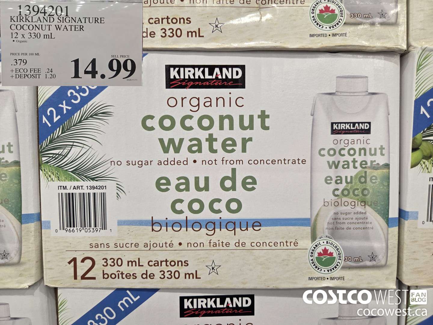 1394201 KIRKLAND SIGNATURE COCONUT WATER 12 x 330 mL $14.99
