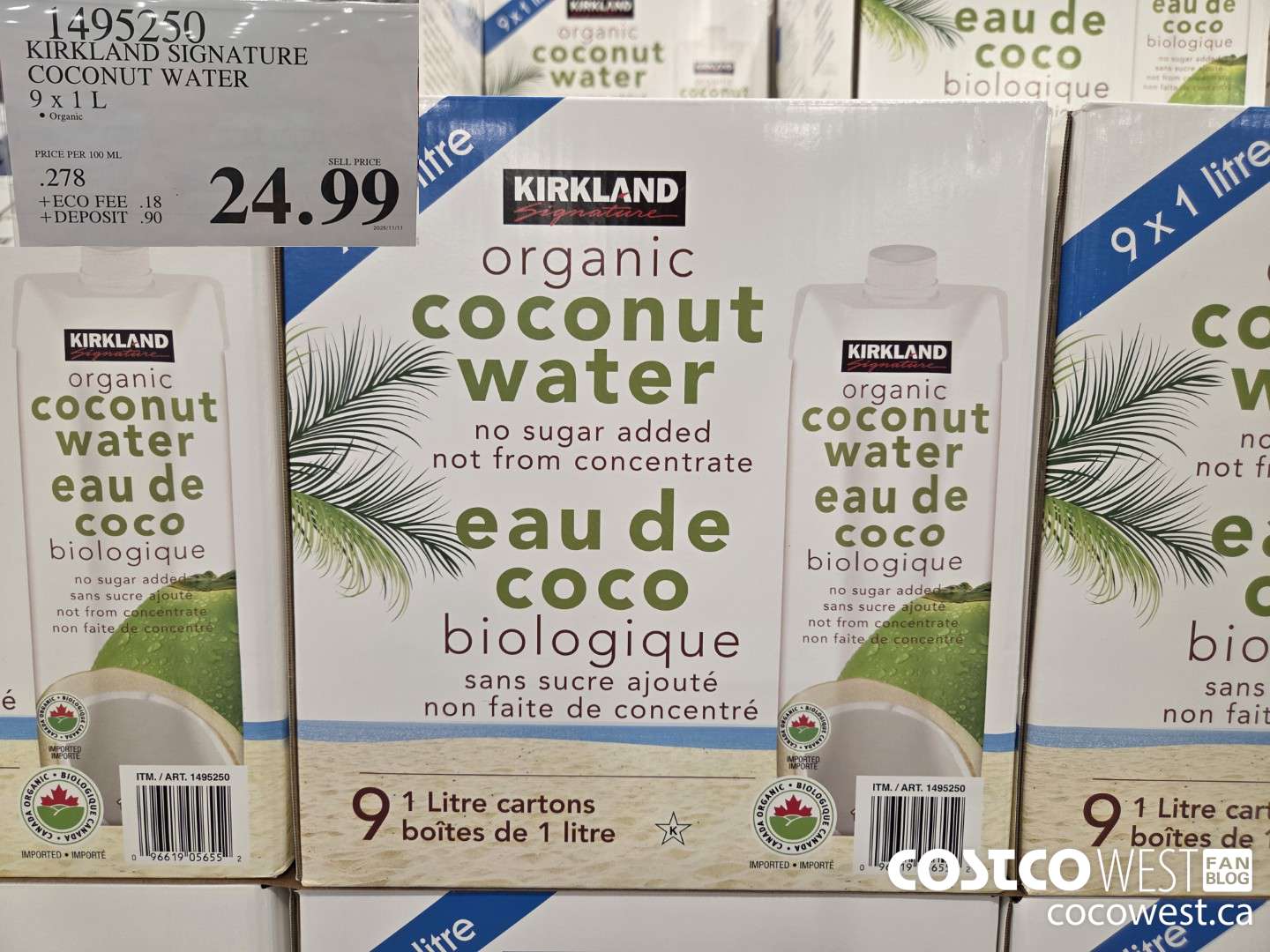 1495250 KIRKLAND SIGNATURE COCONUT WATER 9 x 1 L $24.99