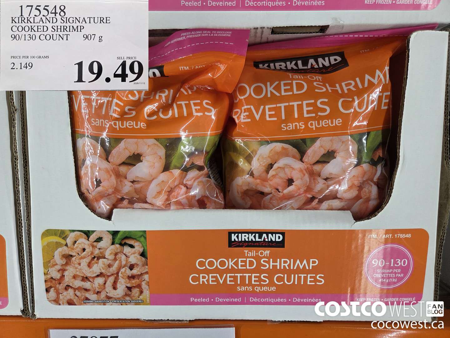 175548 KIRKLAND SIGNATURE COOKED SHRIMP 90/130 COUNT 907g $19.49