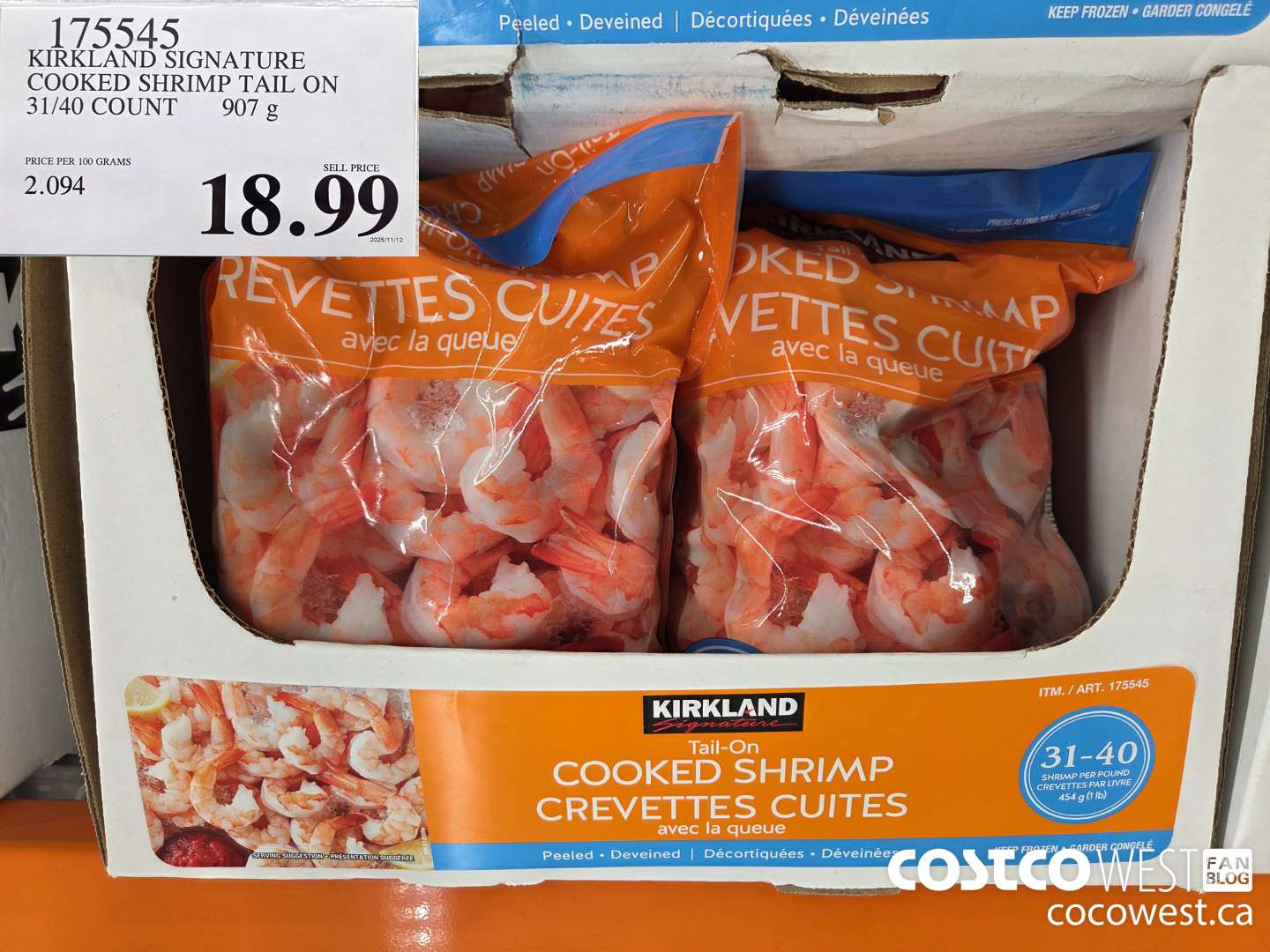 175545 KIRKLAND SIGNATURE COOKED SHRIMP TAIL ON 31/40 COUNT 907g $18.99