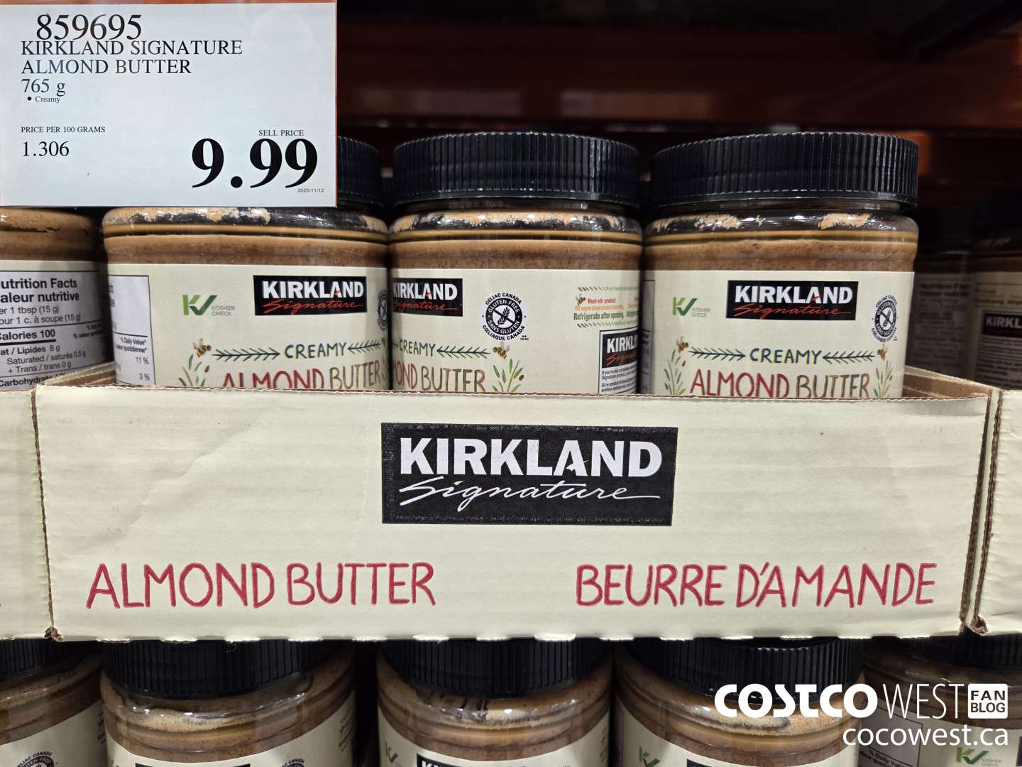 859695 KIRKLAND SIGNATURE CREAMY ALMOND BUTTER 765G $9.99