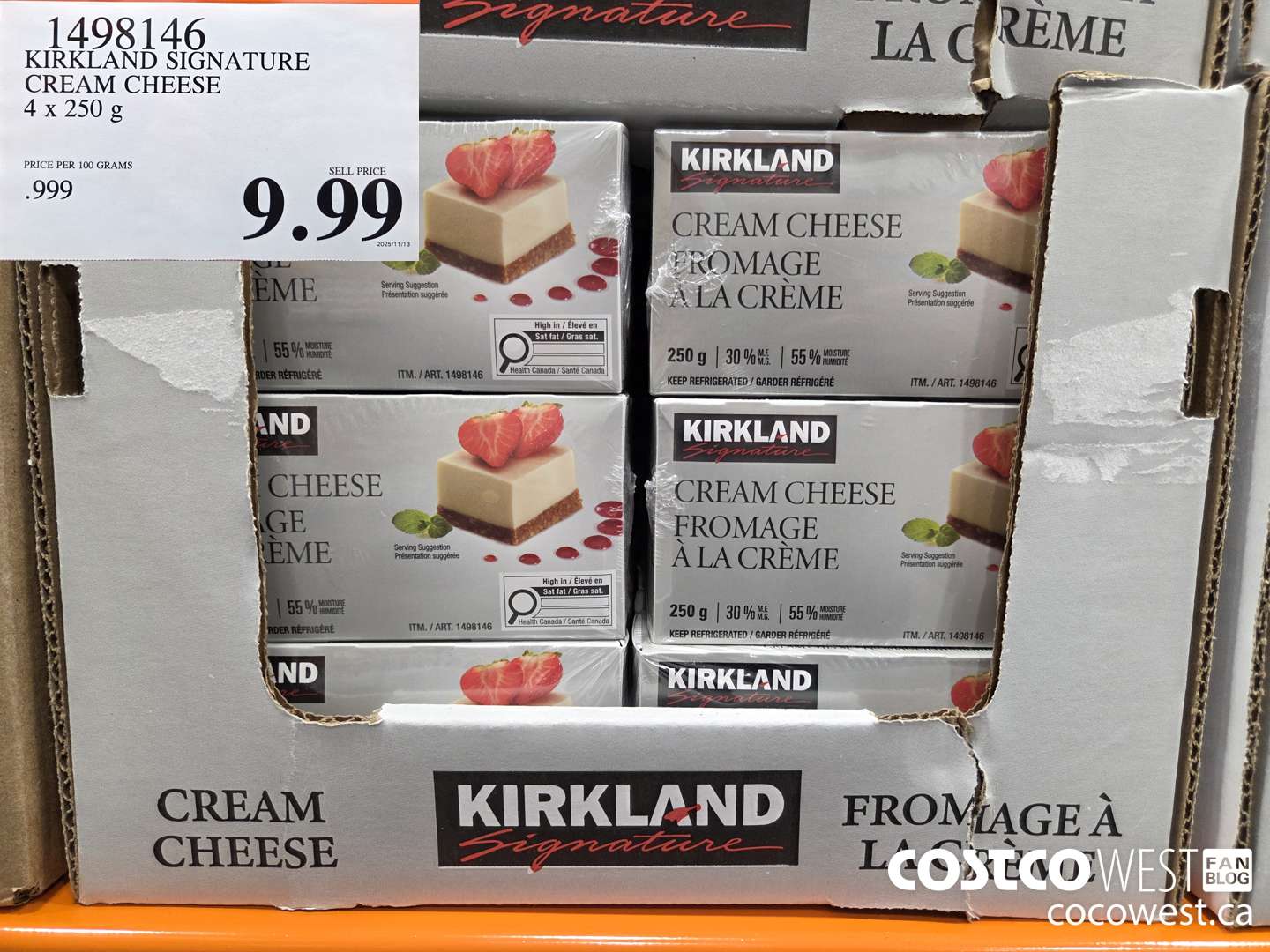 1498146 KIRKLAND SIGNATURE CREAM CHEESE 4 x 250 g $9.99