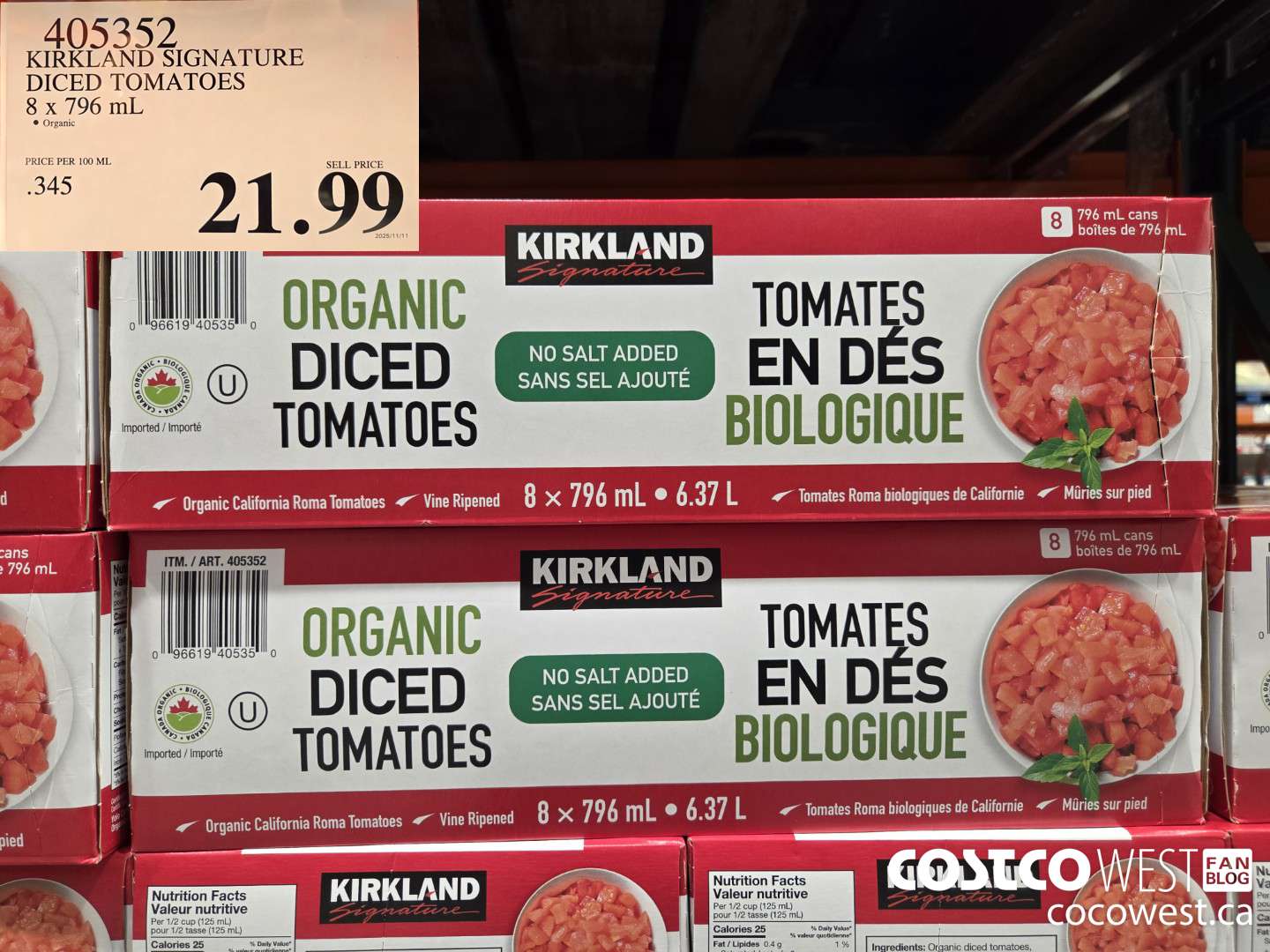 405352 KIRKLAND SIGNATURE DICED TOMATOES 8 x 796 mL $21.99