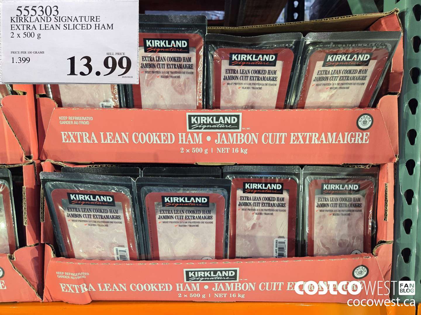 555303 KIRKLAND SIGNATURE EXTRA LEAN SLICED HAM 2 x 500 g $13.99