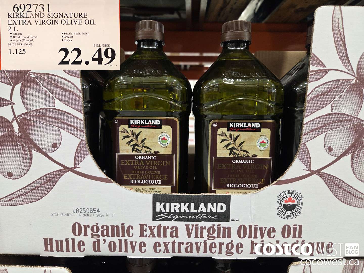 692731 KIRKLAND SIGNATURE EXTRA VIRGIN OLIVE OIL 2 L $22.49