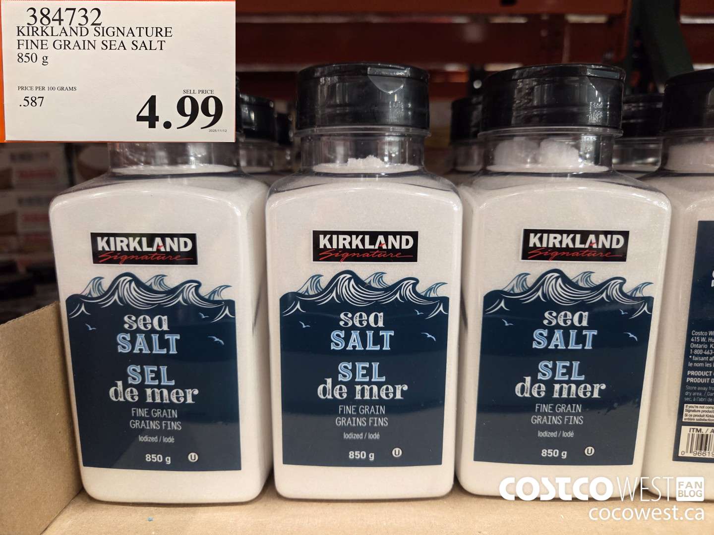 384732 KIRKLAND SIGNATURE FINE GRAIN SEA SALT 850 g $4.99