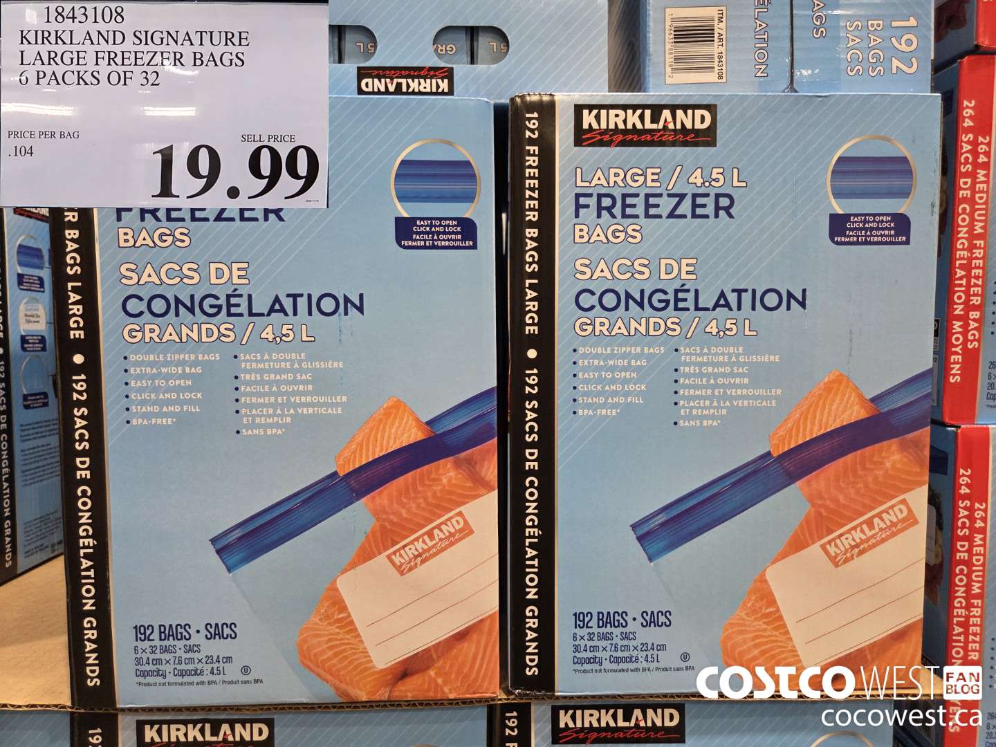 1843108 KIRKLAND SIGNATURE FREEZER GALLON PLUS 6/32 CT (TOTAL 192) $19.99