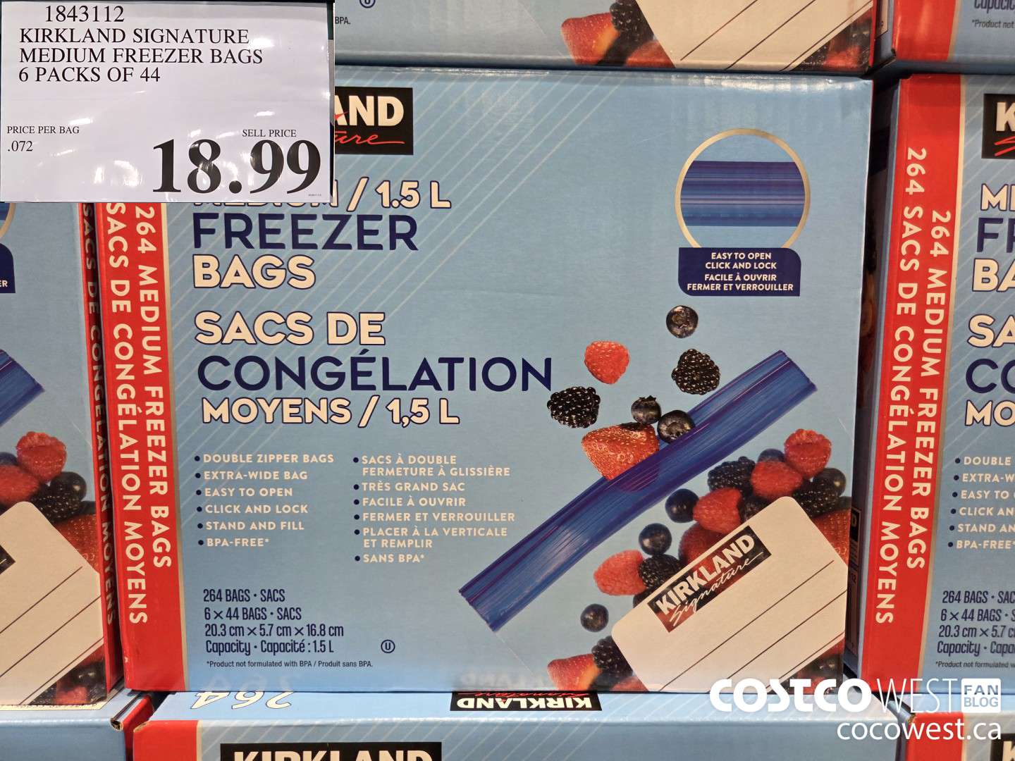 1843112 KIRKLAND SIGNATURE FREEZER QUART PLUS 6/44 CT (TOTAL 264) $18.99