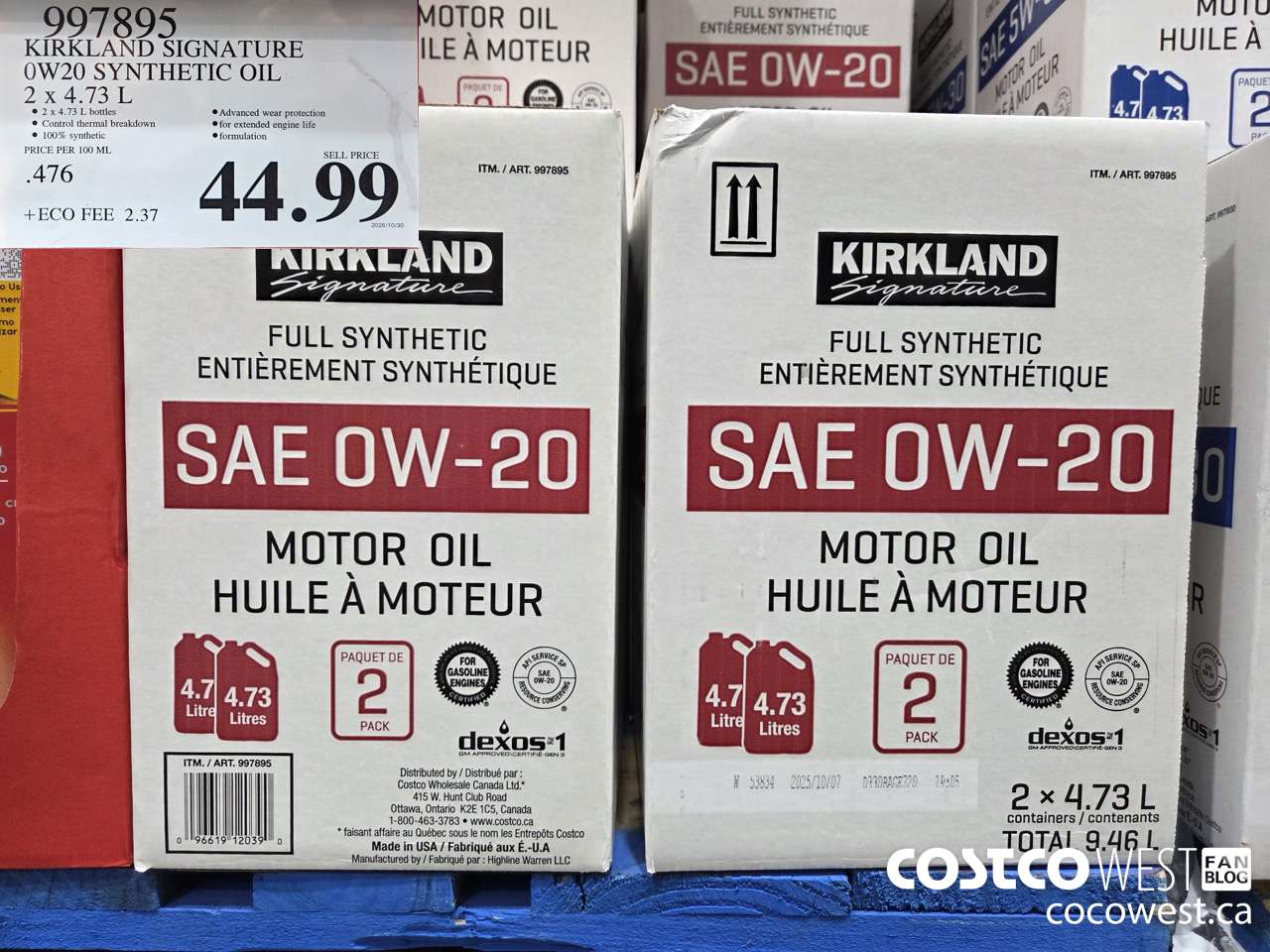 997895 KIRKLAND SIGNATURE FULL SYNTHETIC OIL 0W20 2 5QT (4.73L) BOTTLES $44.99