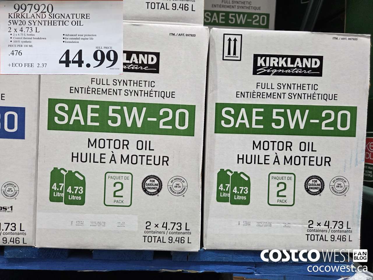 997920 KIRKLAND SIGNATURE FULL SYNTHETIC OIL 5W20 2 5QT (4.73L) BOTTLES $44.99