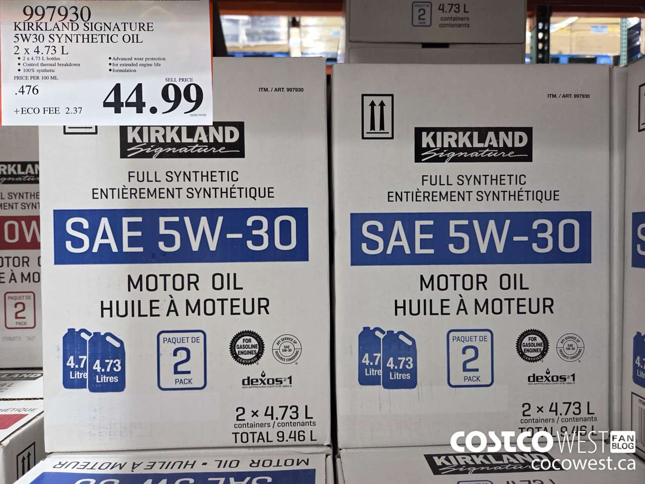997930 KIRKLAND SIGNATURE FULL SYNTHETIC OIL 5W30 2 5QT (4.73L) BOTTLES $44.99