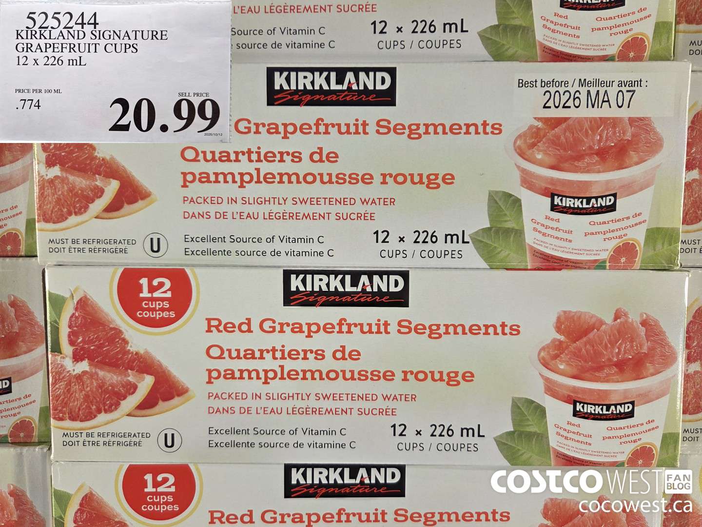 525244 KIRKLAND SIGNATURE GRAPEFRUIT CUPS 12 X 226 ML $20.99