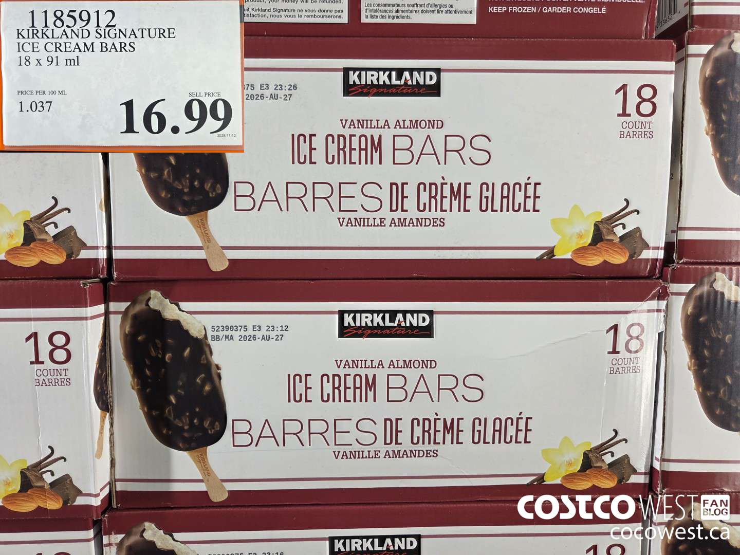 1185912 KIRKLAND SIGNATURE ICE CREAM BARS 18 x 91ml $16.99