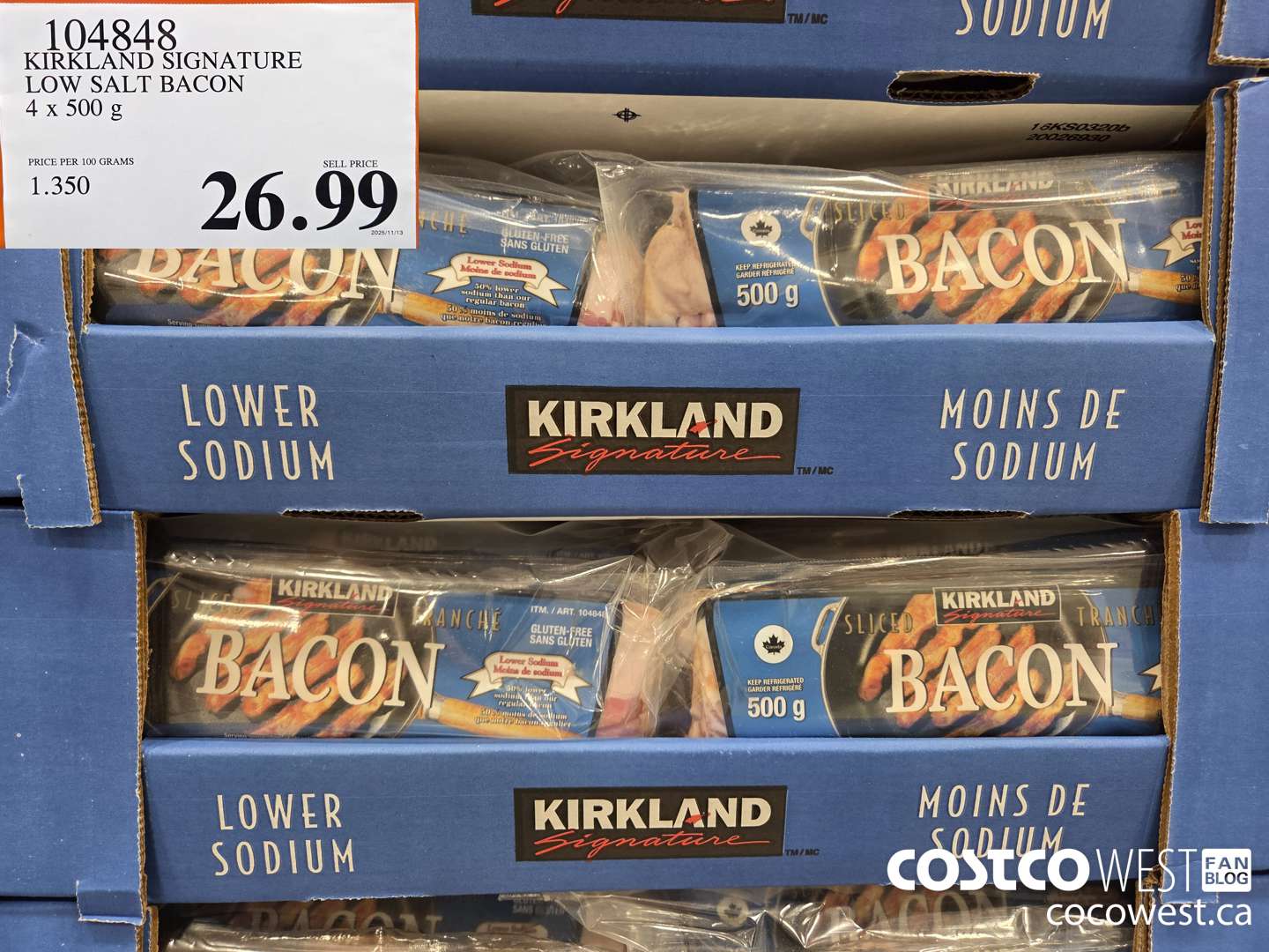 104848 KIRKLAND SIGNATURE LOW SALT BACON 4 x 500 g $26.99