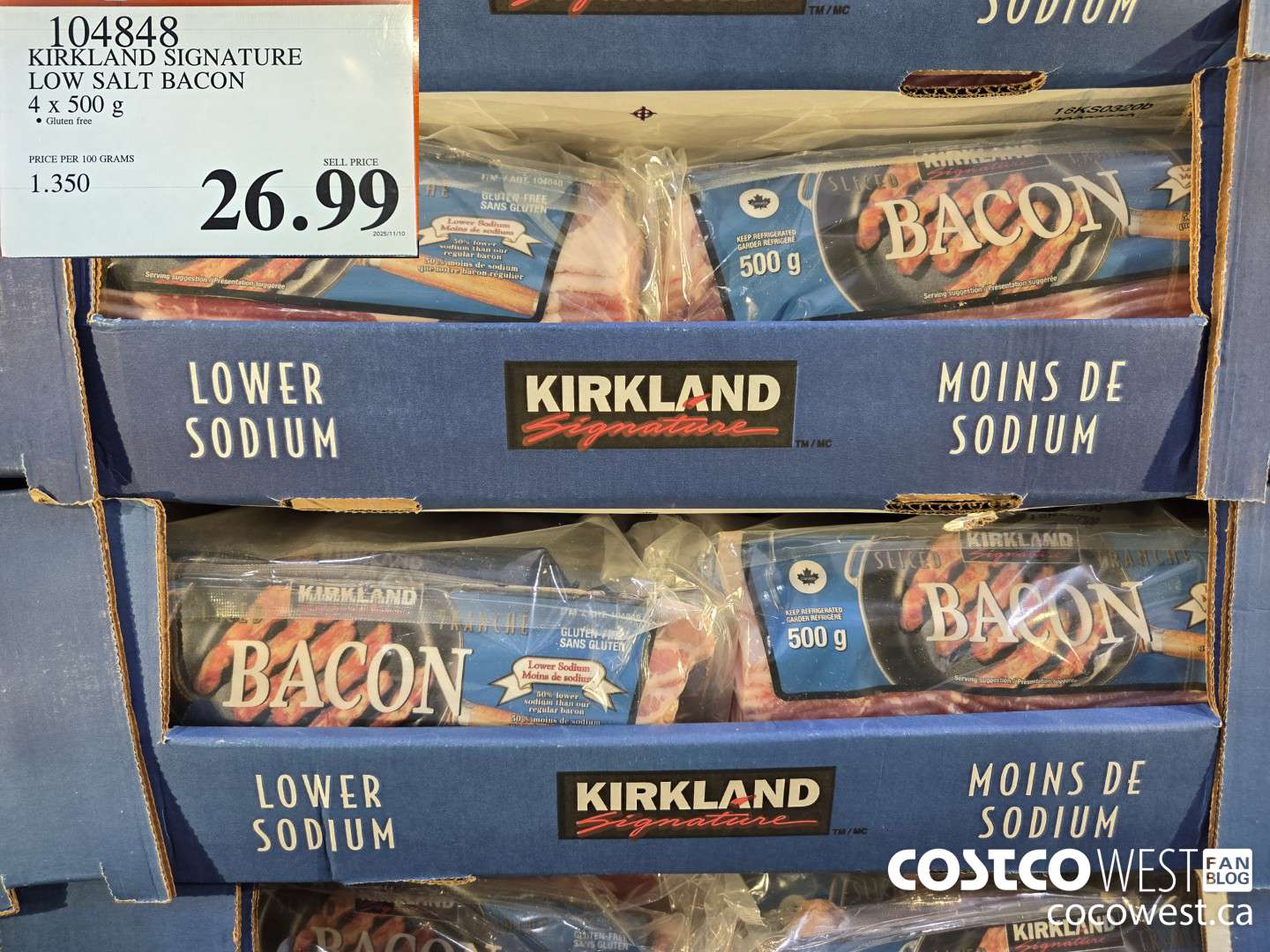 104848 KIRKLAND SIGNATURE LOW SALT BACON 4 x 500 g $26.99