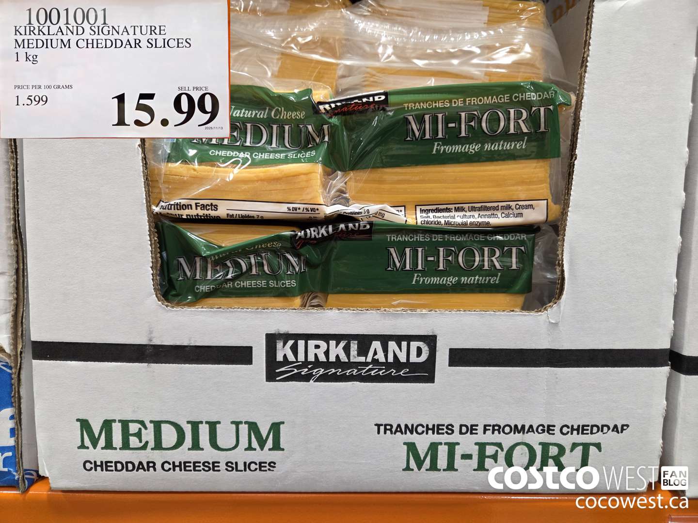 1001001 KIRKLAND SIGNATURE MEDIUM CHEDDAR SLICES 1 kg $15.99