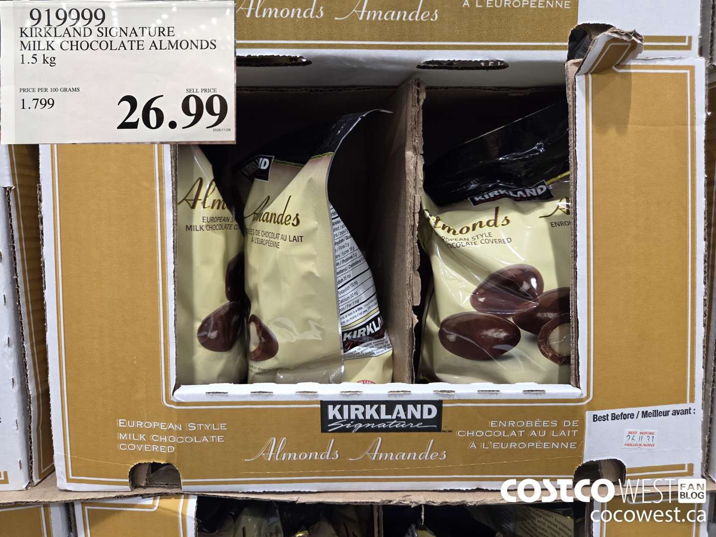 919999 KIRKLAND SIGNATURE MILK CHOCOLATE ALMONDS 1.5KG $26.99