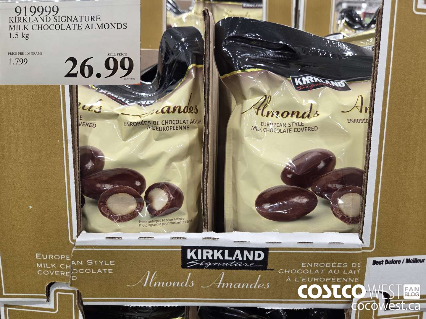 919999 KIRKLAND SIGNATURE MILK CHOCOLATE ALMONDS 1.5KG $26.99