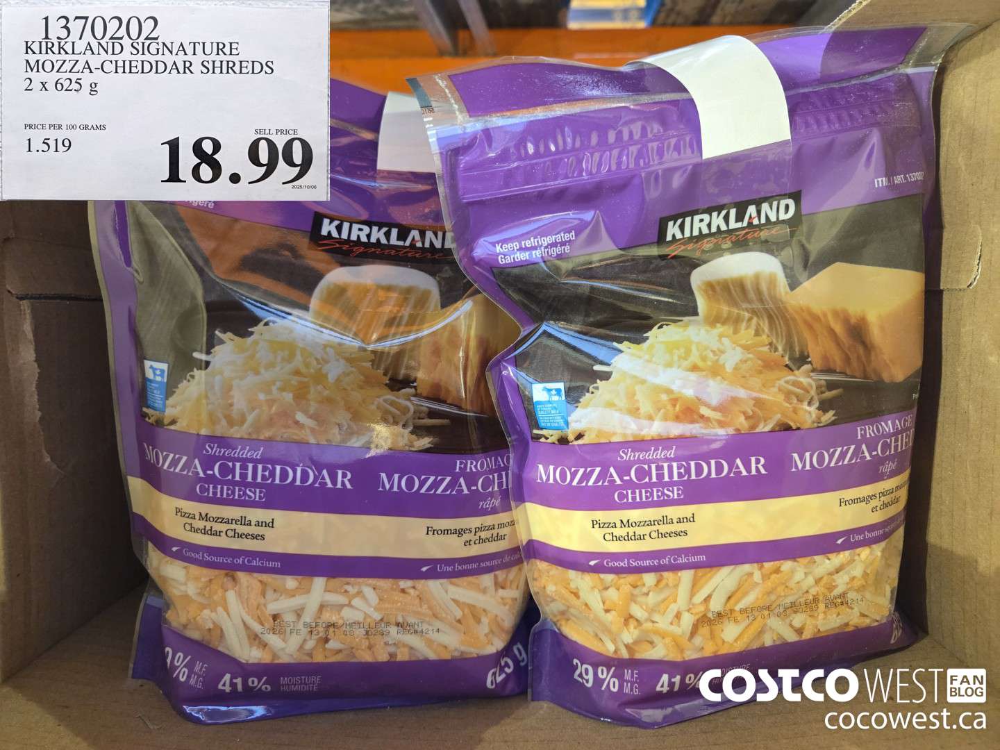 1370202 KIRKLAND SIGNATURE MOZZA-CHEDDAR SHREDS 2 X 625G $18.99