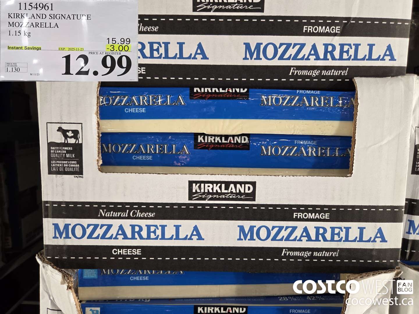 1154961 KIRKLAND SIGNATURE MOZZARELLA 1.15 KG ($3.00 INSTANT SAVINGS EXPIRES ON 2025-11-23) $12.99