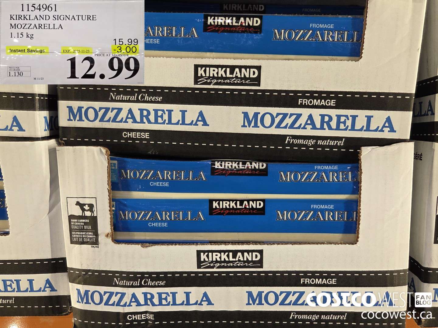 1154961 KIRKLAND SIGNATURE MOZZARELLA 1.15 KG ($3.00 INSTANT SAVINGS EXPIRES ON 2025-11-23) $12.99