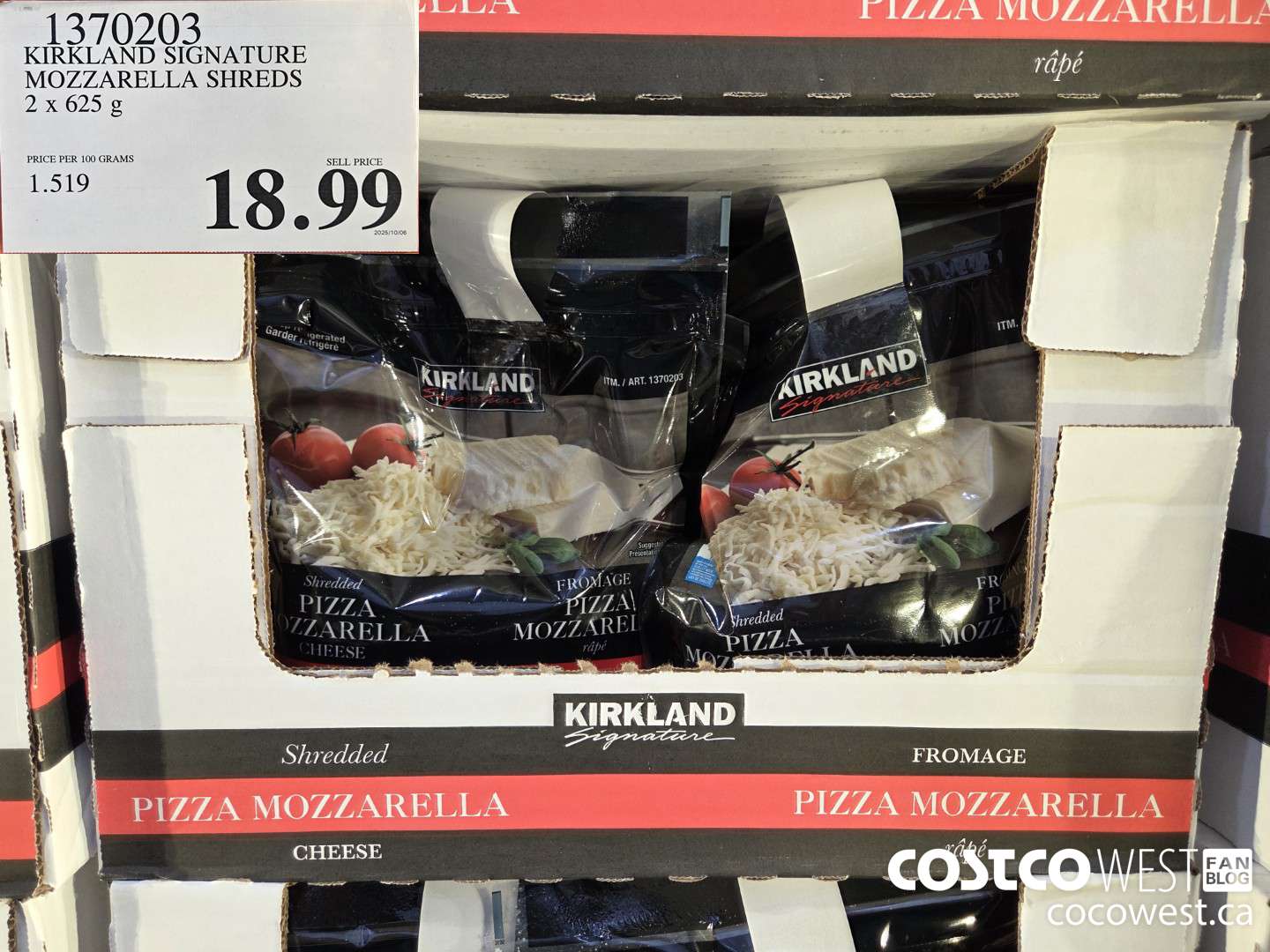 1370203 KIRKLAND SIGNATURE MOZZARELLA SHREDS 2 X 625 G $18.99