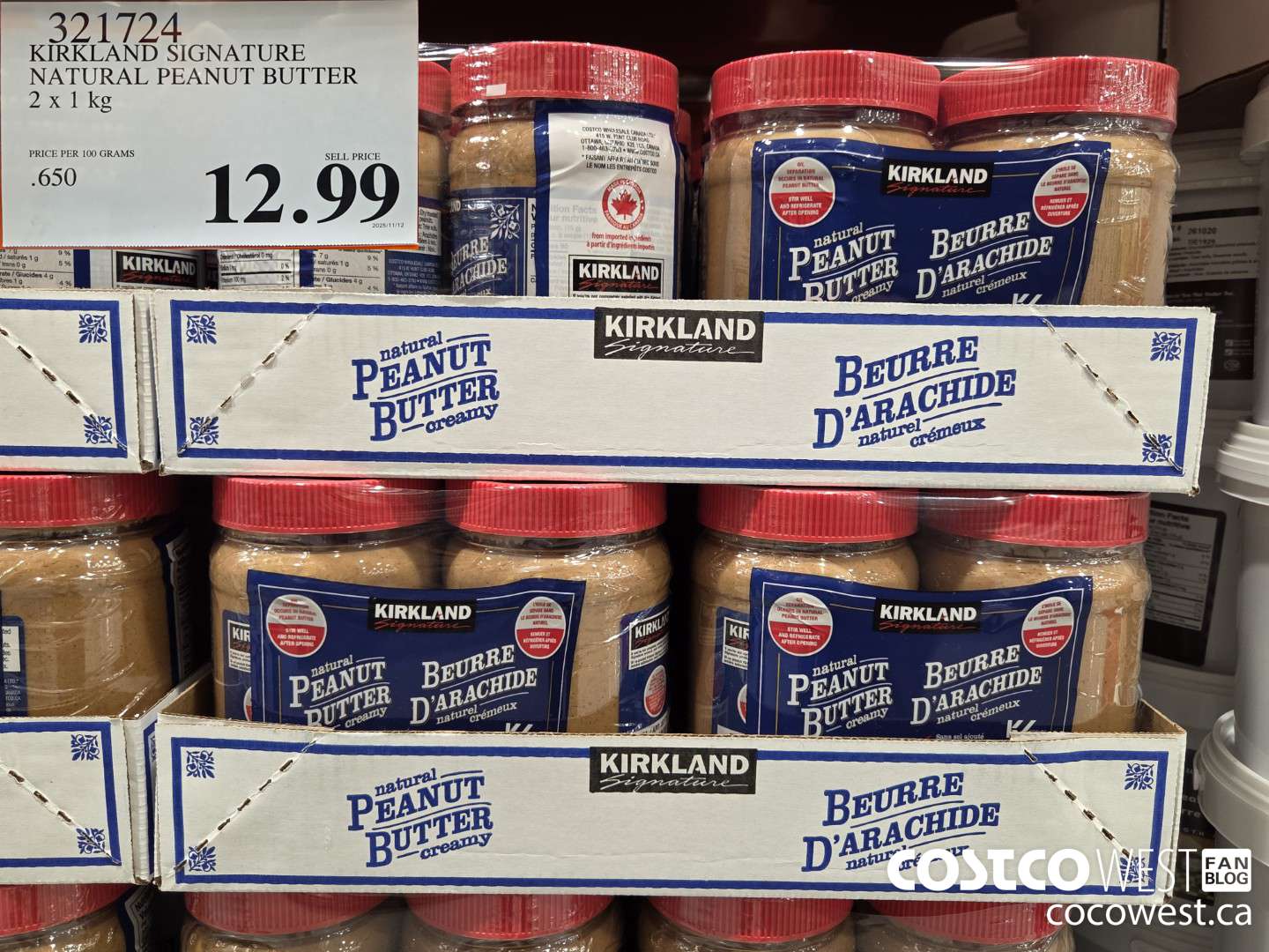 321724 KIRKLAND SIGNATURE NATURAL PEANUT BUTTER 2 x 1 kg $12.99