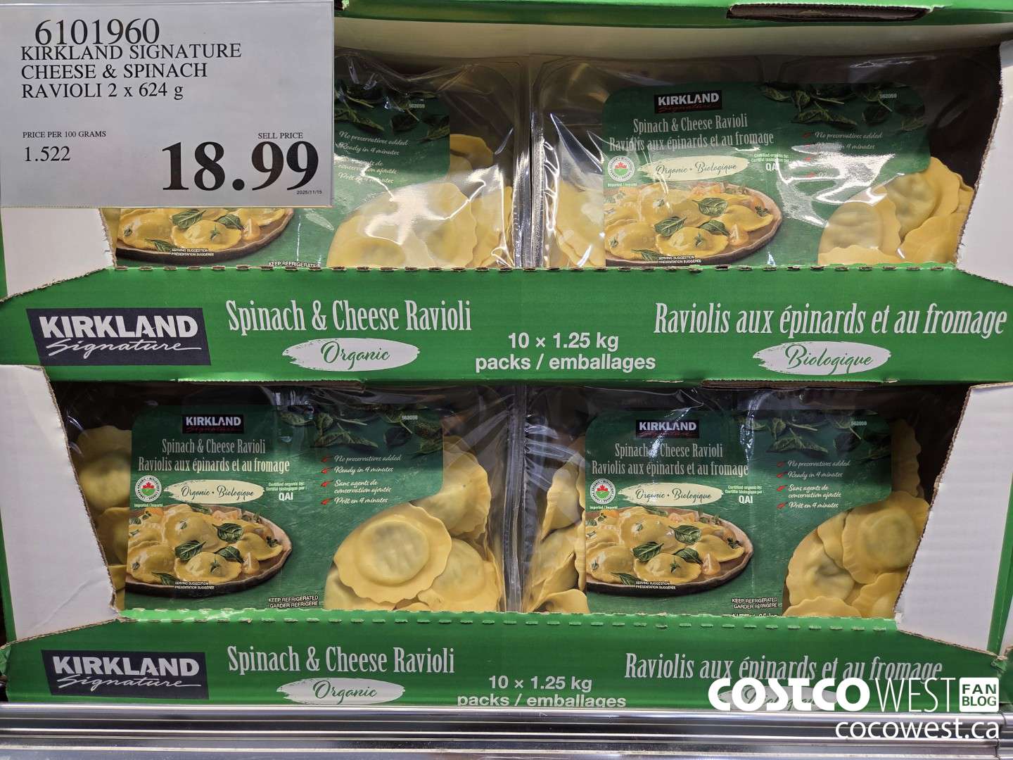 6101960 KIRKLAND SIGNATURE ORGANIC CHEESE & SPINACH RAVIOLI 2/22 OZ $12.99