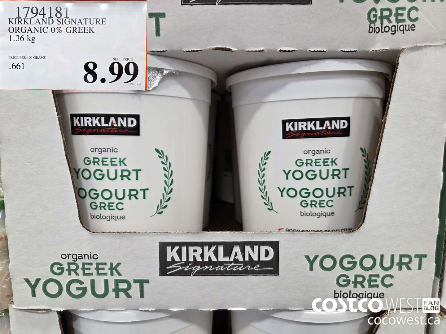1794181 KIRKLAND SIGNATURE ORGANIC GREEK YOGURT 1.36 KG $8.99
