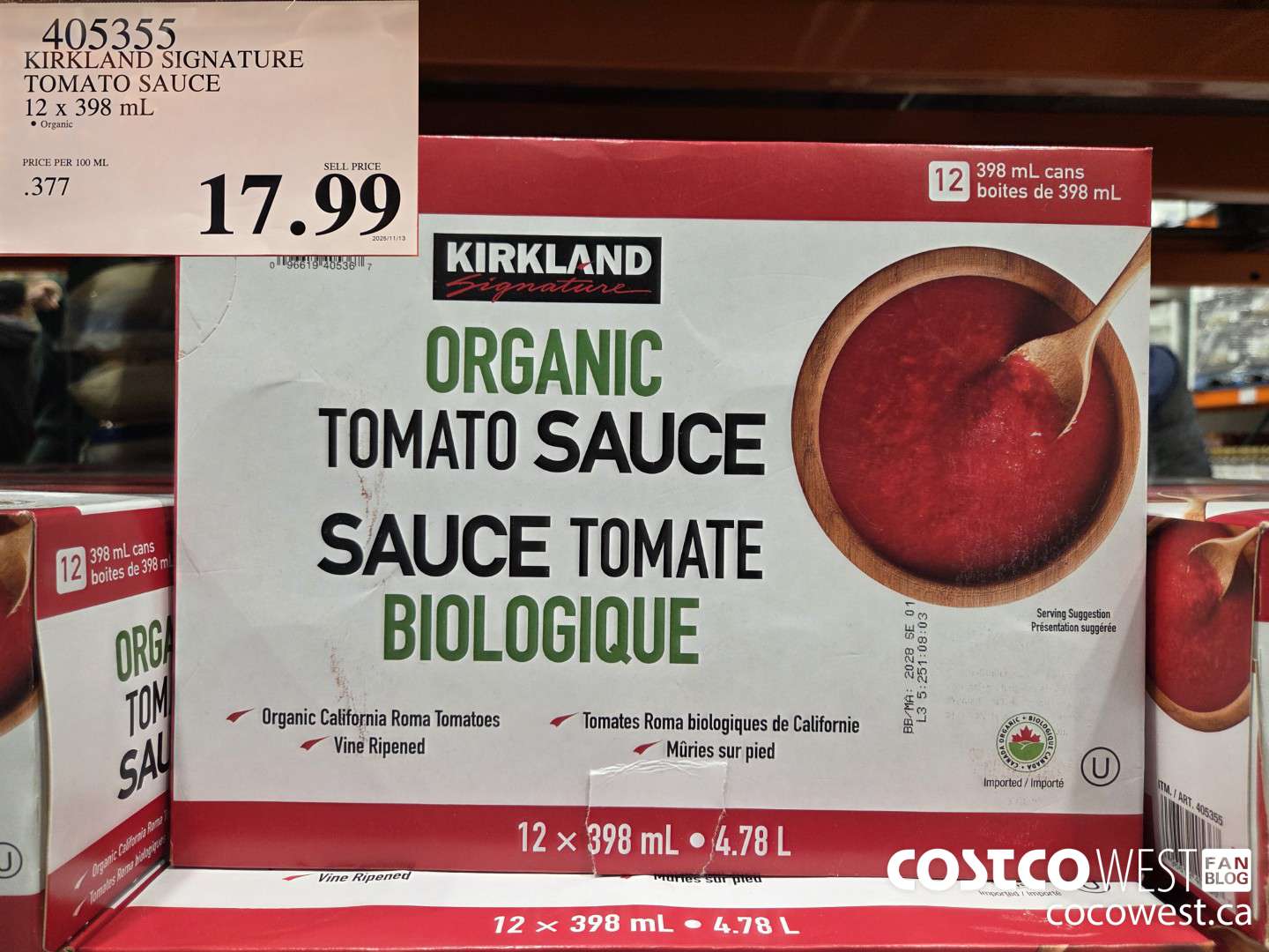 405355 KIRKLAND SIGNATURE ORGANIC TOMATO SAUCE 12 x 398 mL $17.99