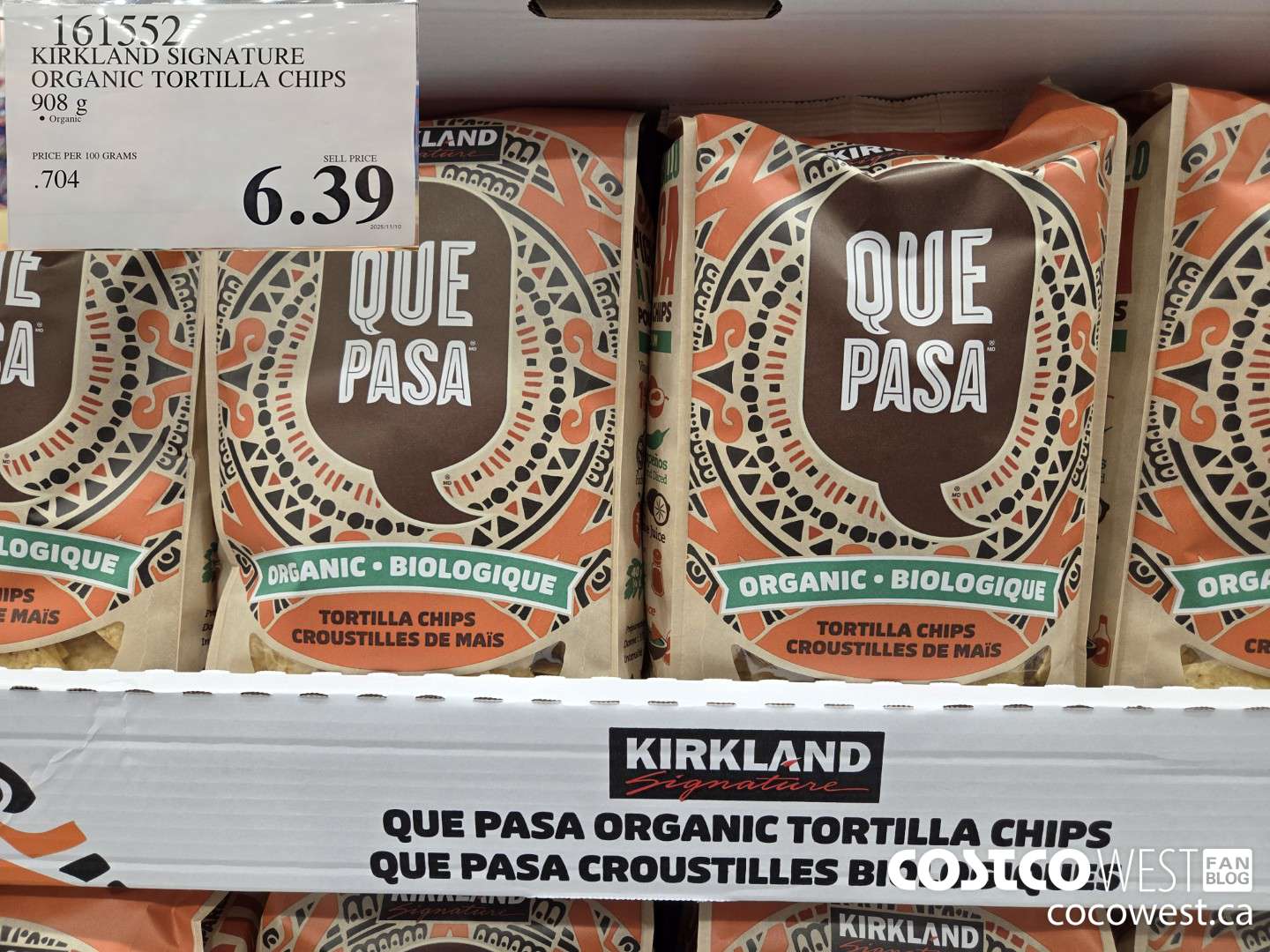 161552 KIRKLAND SIGNATURE ORGANIC TORTILLA CHIPS 908 g $6.39