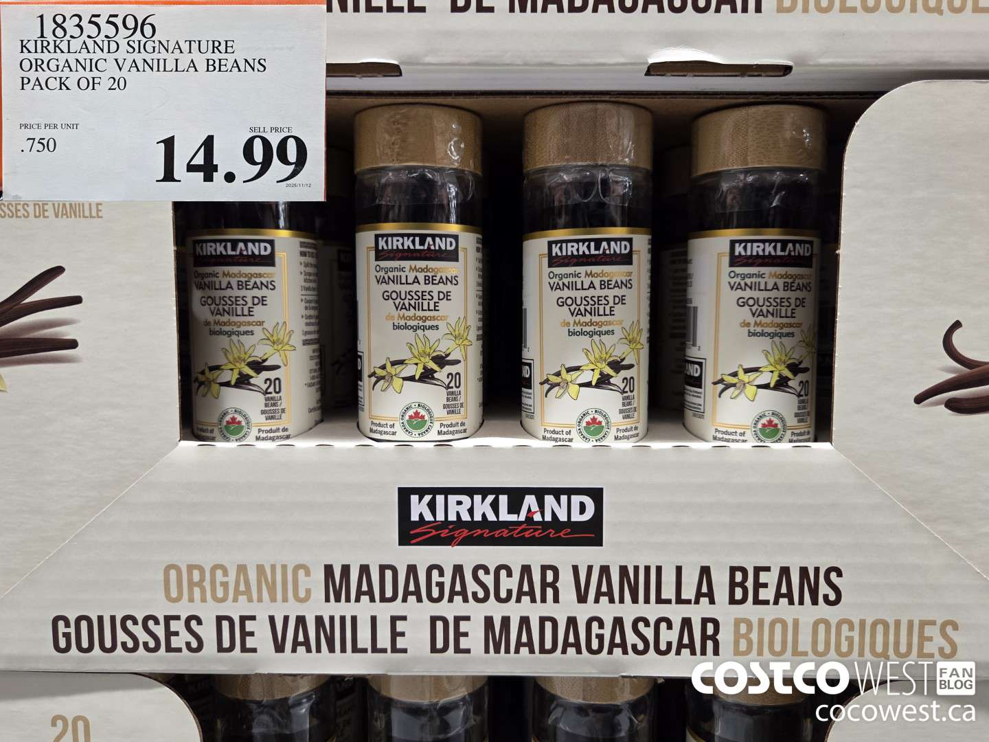 1835596 KIRKLAND SIGNATURE ORGANIC VANILLA BEANS PACK OF 20 $14.99