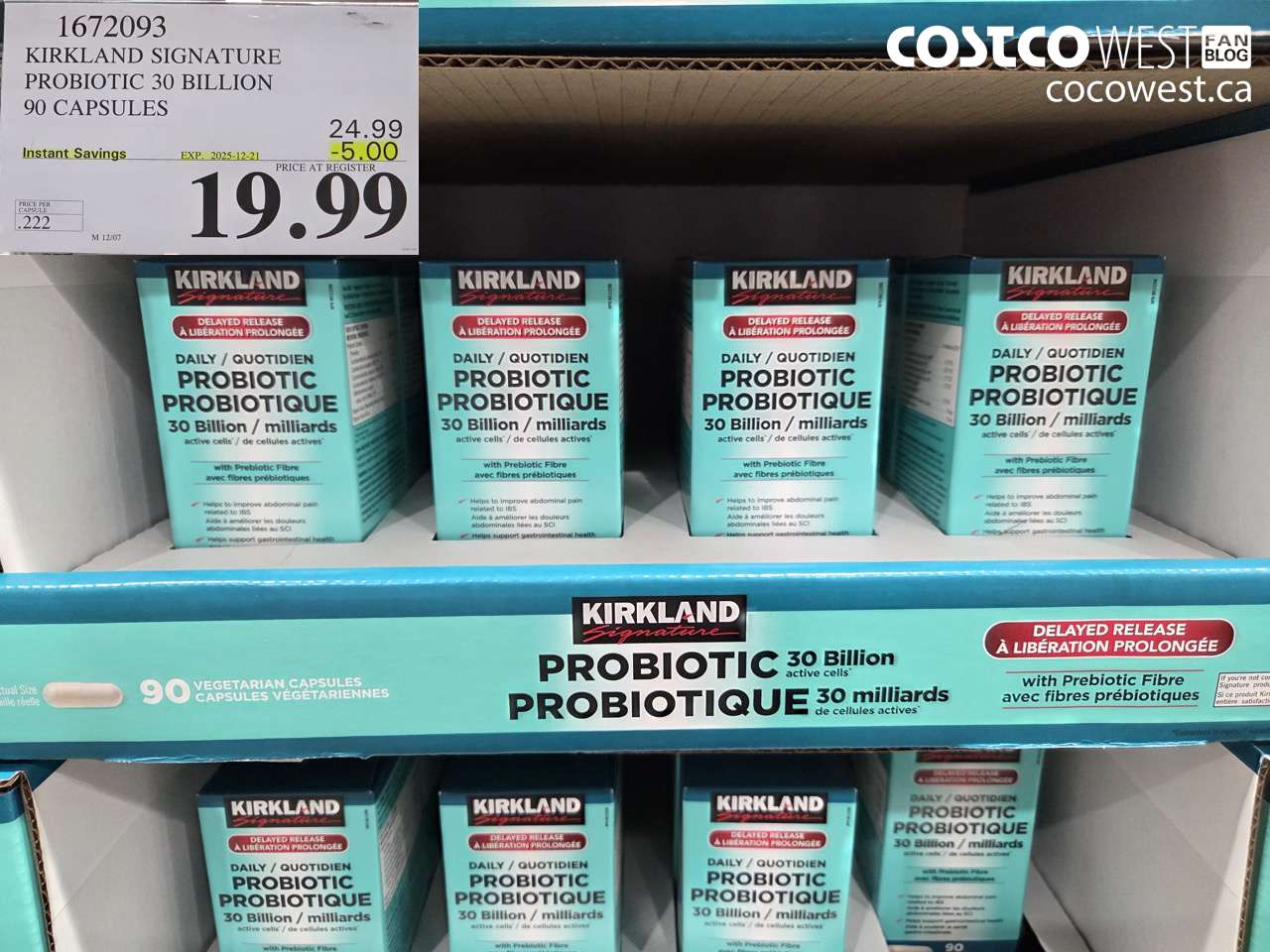 1672093 KIRKLAND SIGNATURE PROBIOTIC 30 BILLION 90 VEGETARIAN CAPSULES ($5.00 INSTANT SAVINGS EXPIRES ON 2025-12-21) $19.99