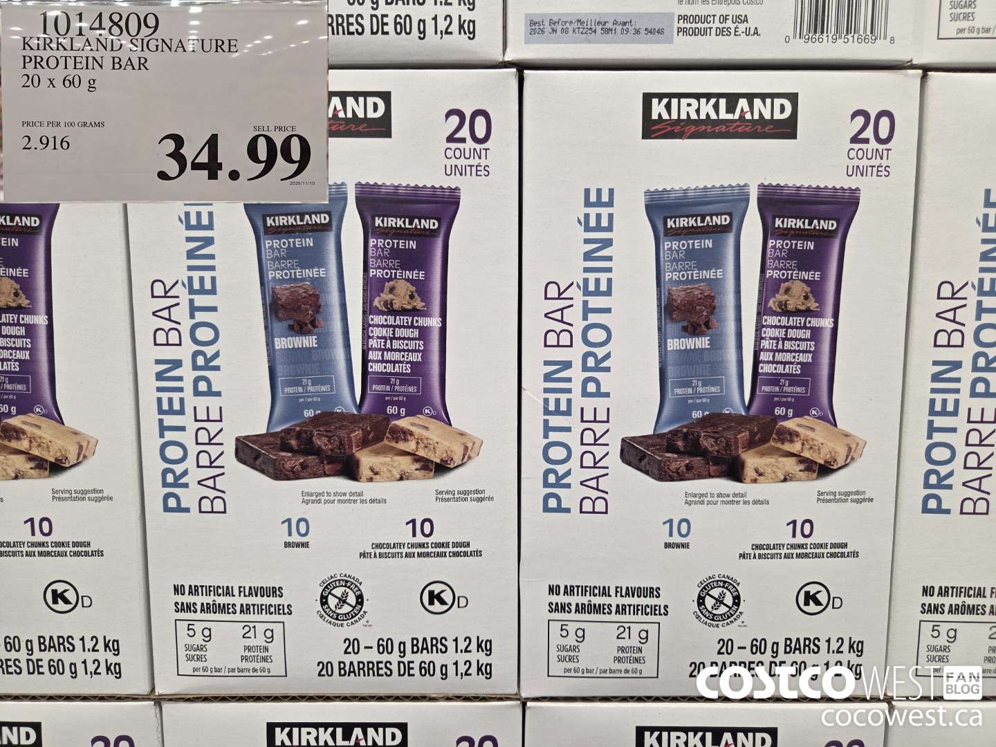 1014809 KIRKLAND SIGNATURE PROTEIN BARS 20 X 60G $34.99