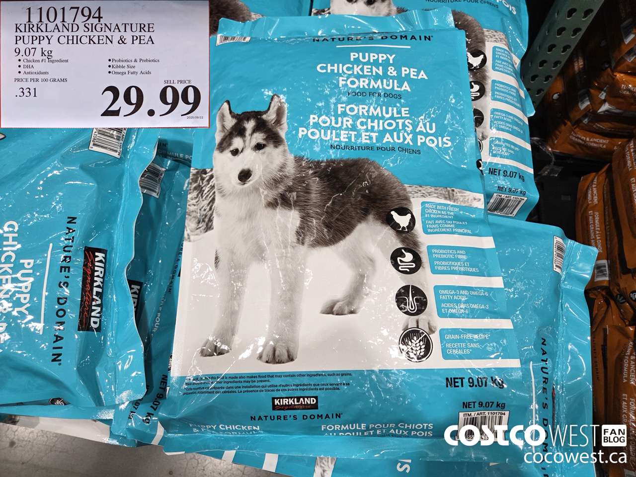 1101794 KIRKLAND SIGNATURE PUPPY CHICKEN & PEA 9.07KG $29.99