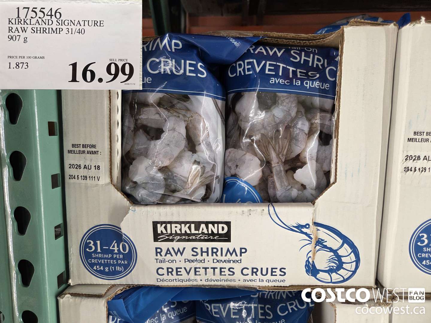 175546 KIRKLAND SIGNATURE RAW SHRIMP TAIL ON 31/40 COUNT 907G $16.99