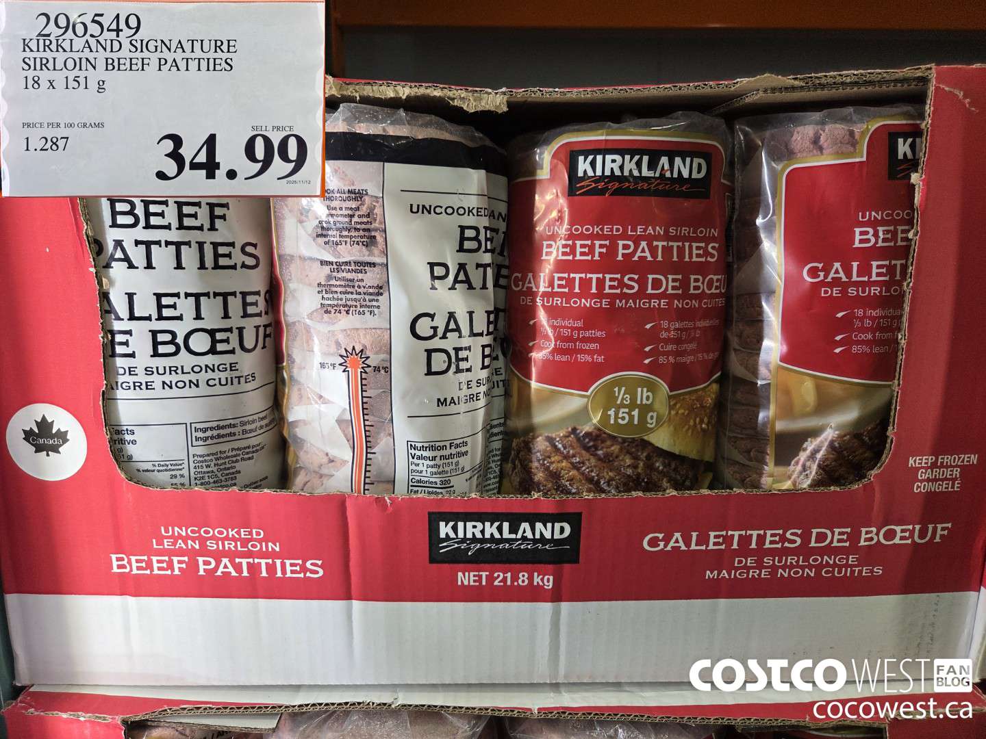 296549 KIRKLAND SIGNATURE SIRLOIN BEEF PATTIES 18 x 151 g $34.99