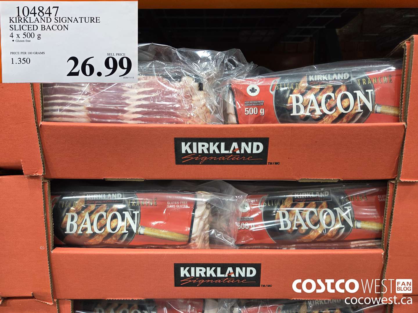 104847 KIRKLAND SIGNATURE SLICED BACON 4 x 500 g $26.99
