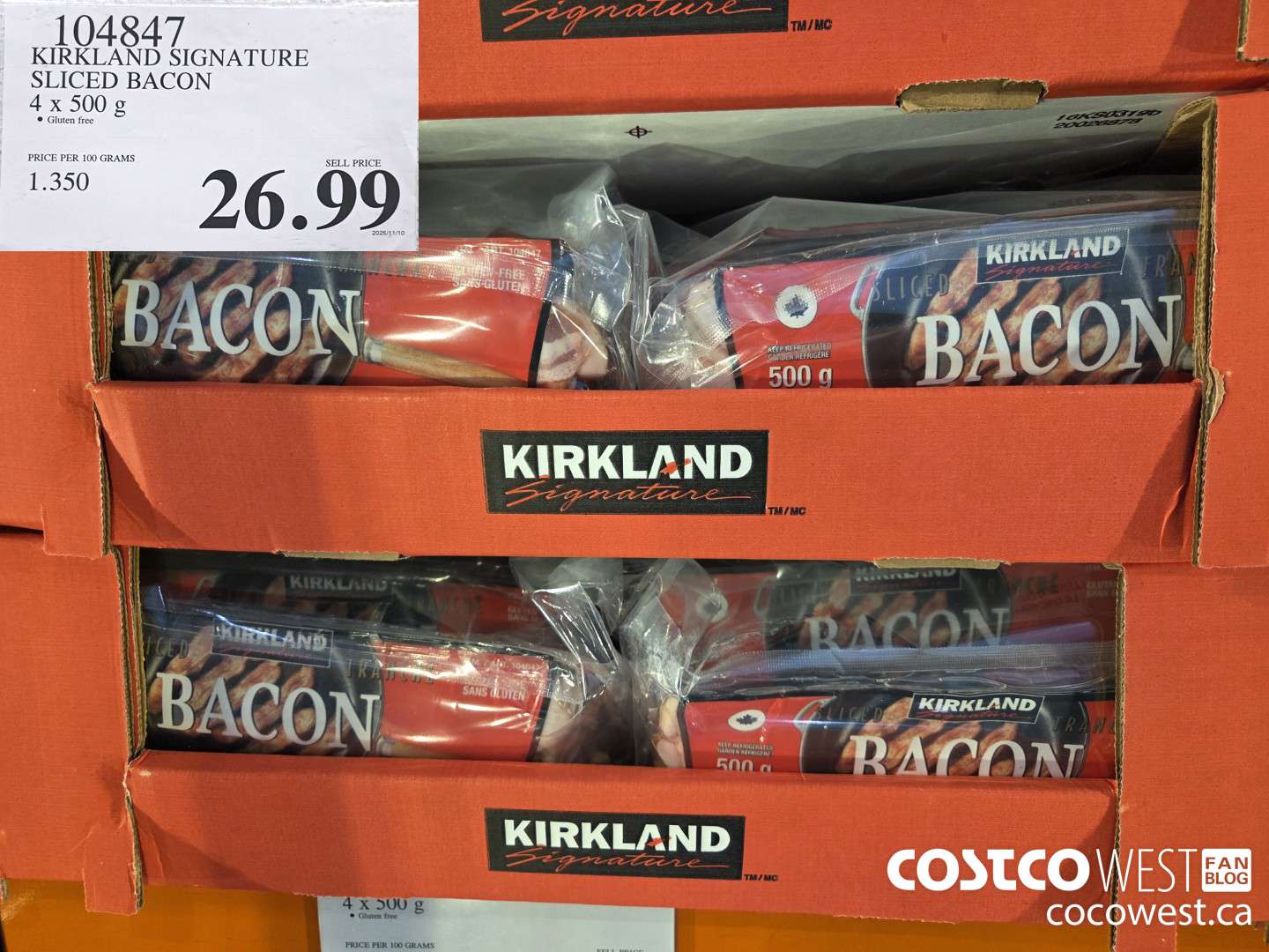 104847 KIRKLAND SIGNATURE SLICED BACON 4 x 500 g $26.99